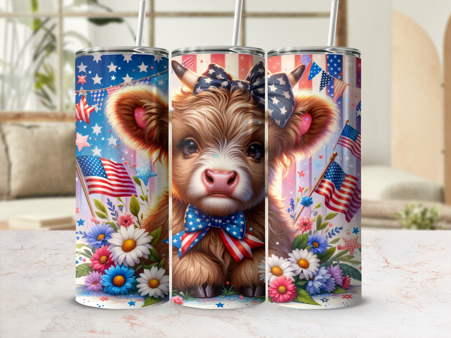 Cow with patriotic bow and flower garland, stars and stripes background.