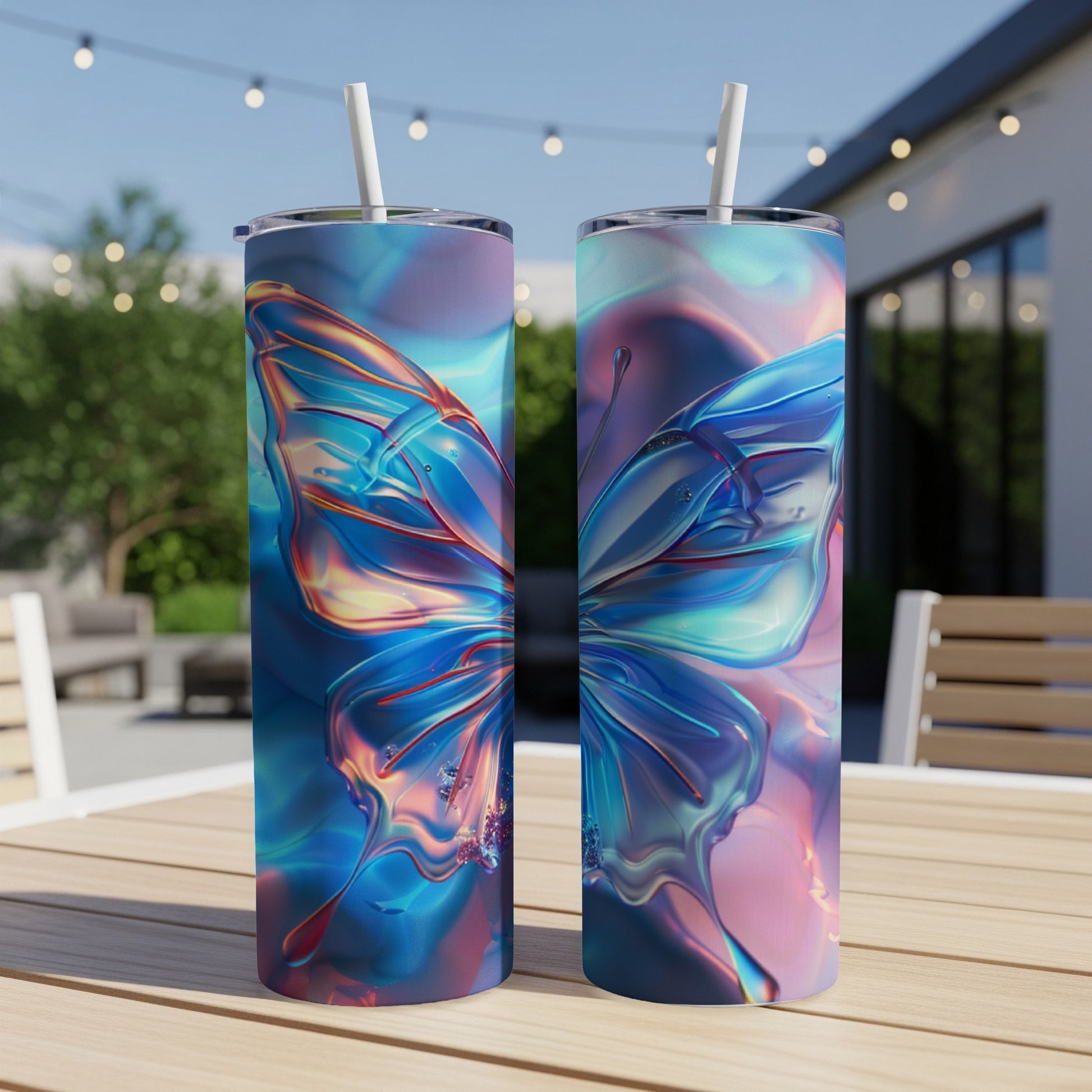 Two tall, insulated tumblers with a holographic butterfly design.