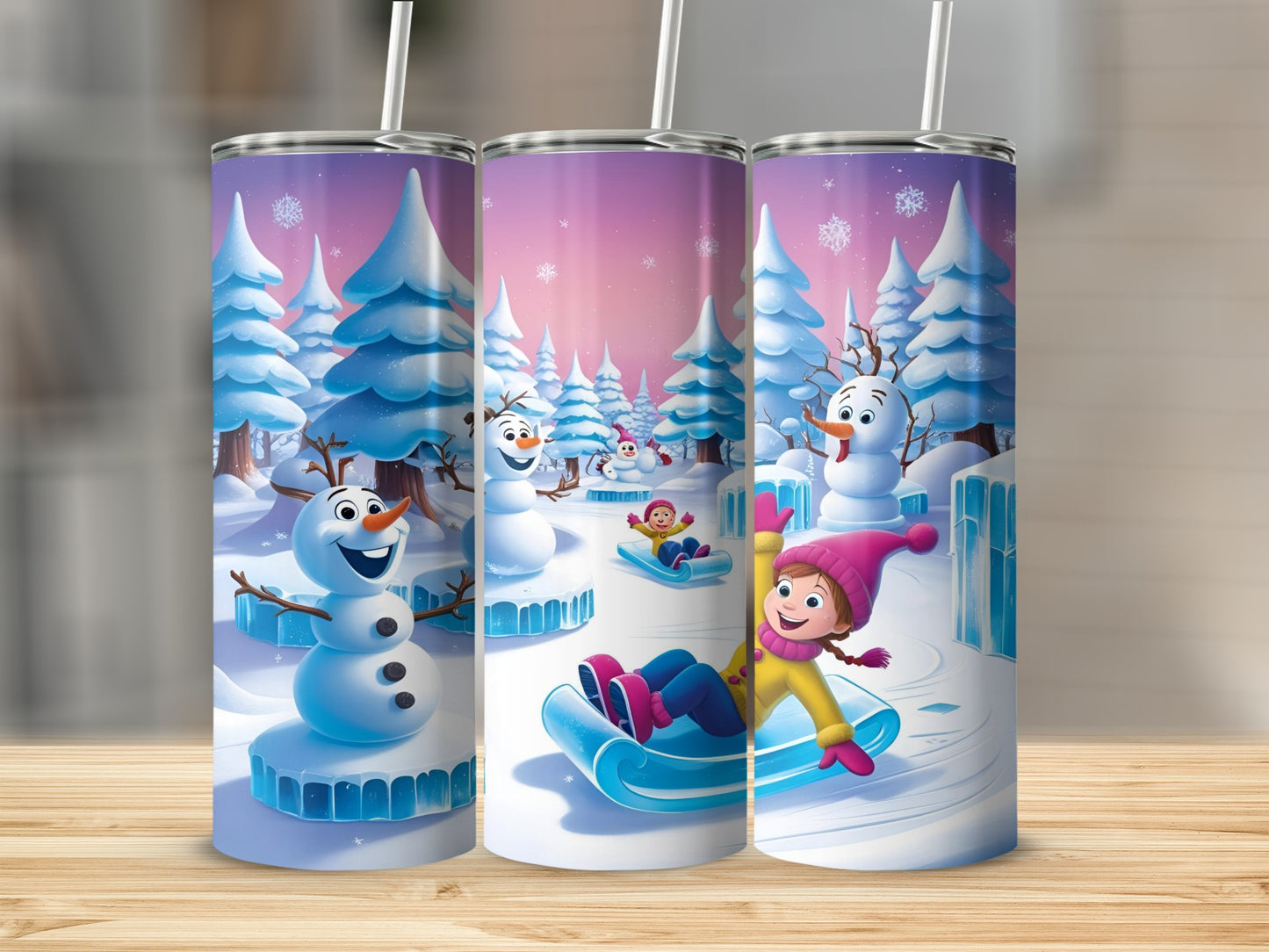 Olaf and Anna on sleds in a snowy forest scene.