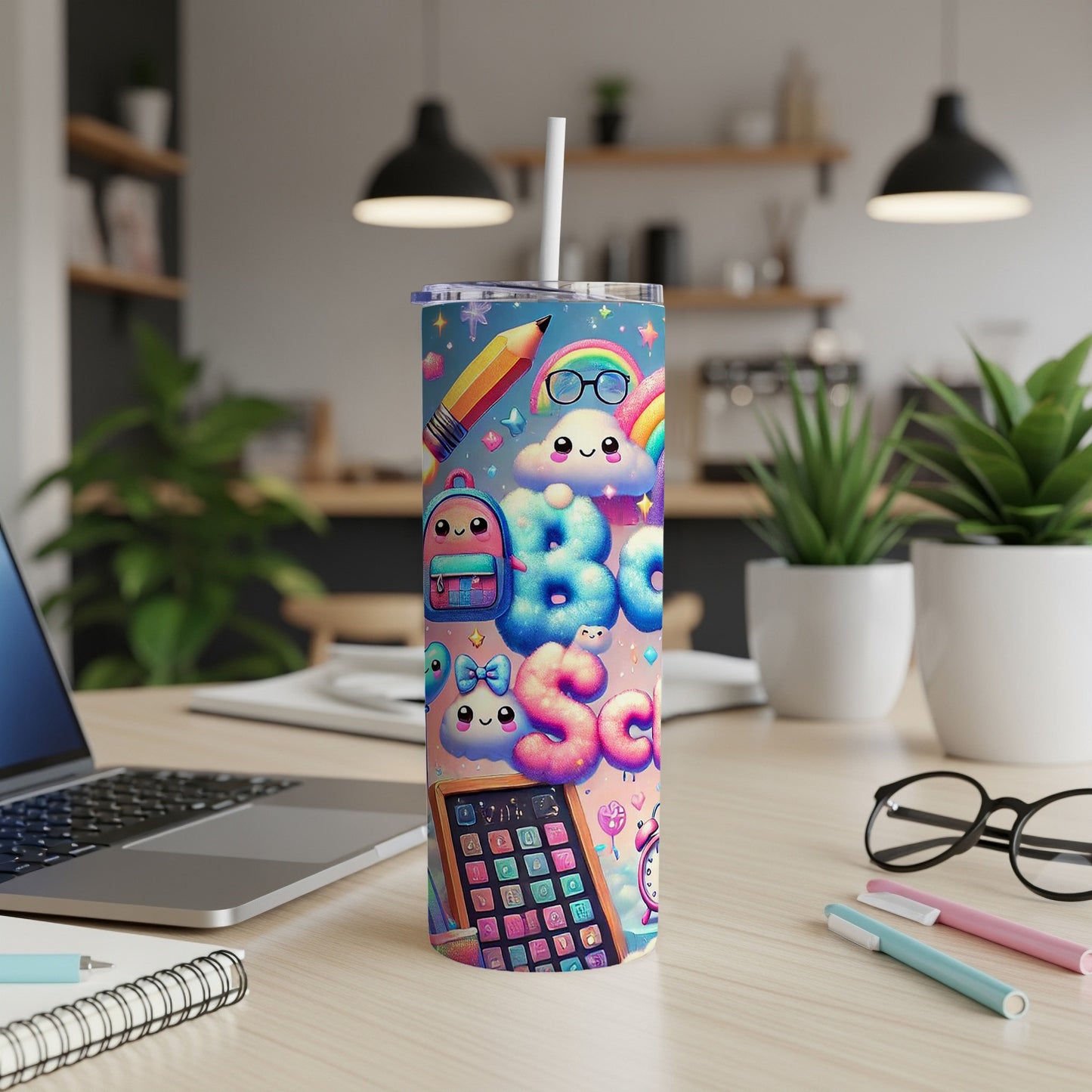 Tumbler featuring cartoon ABC graphics, including a backpack, rainbow, and calculator.