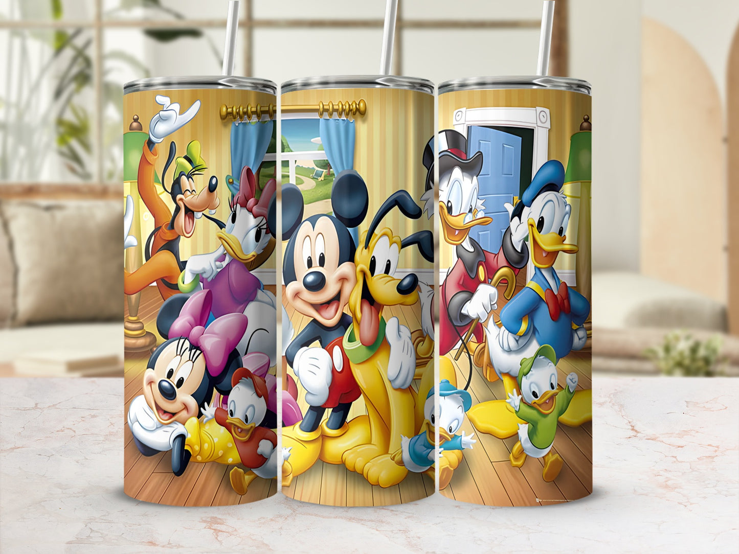 Mickey Mouse and friends on tumblers with straws, with a living room background.