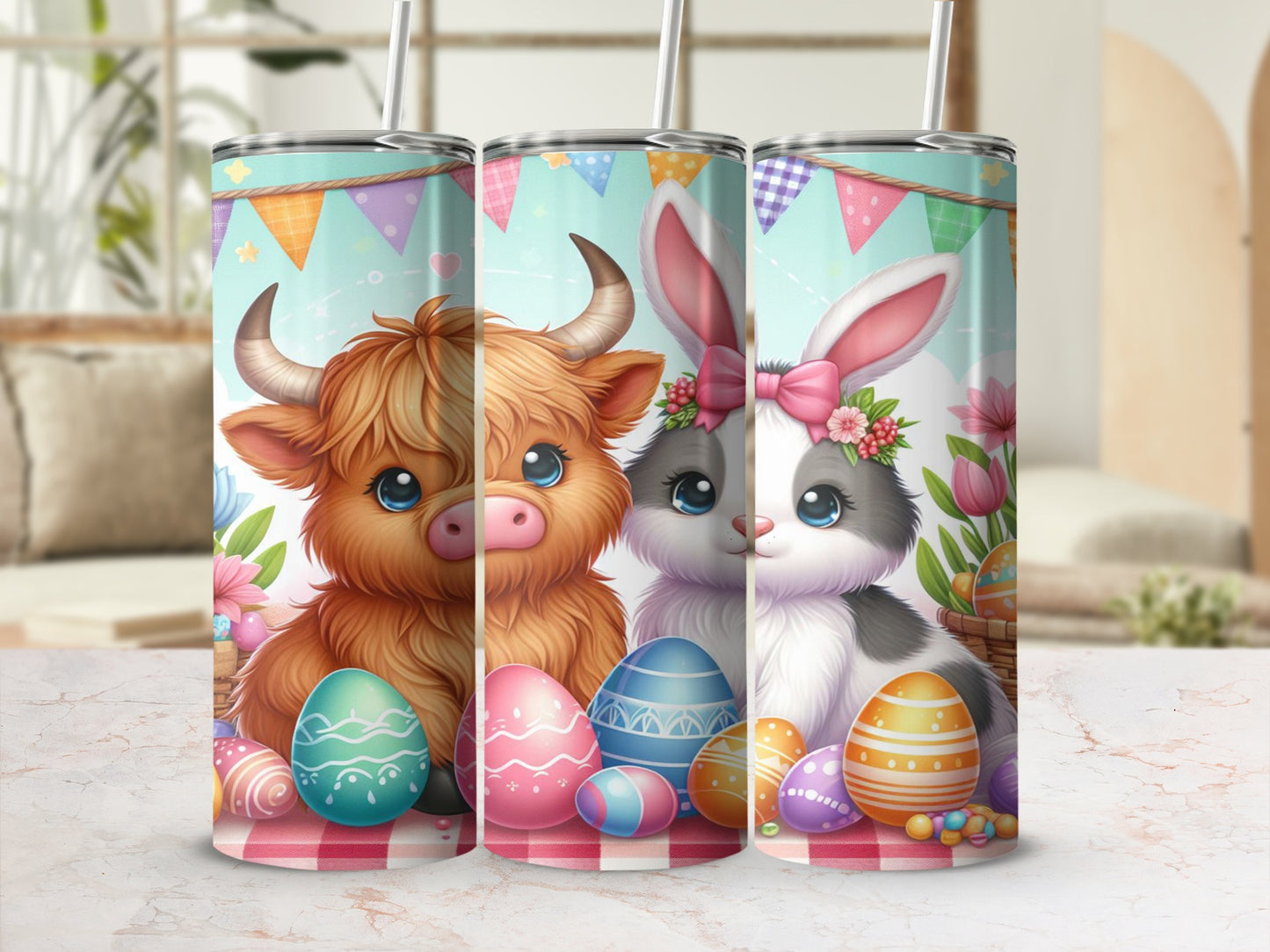 Three Easter-themed tumblers with cow and bunny designs and colorful eggs.
