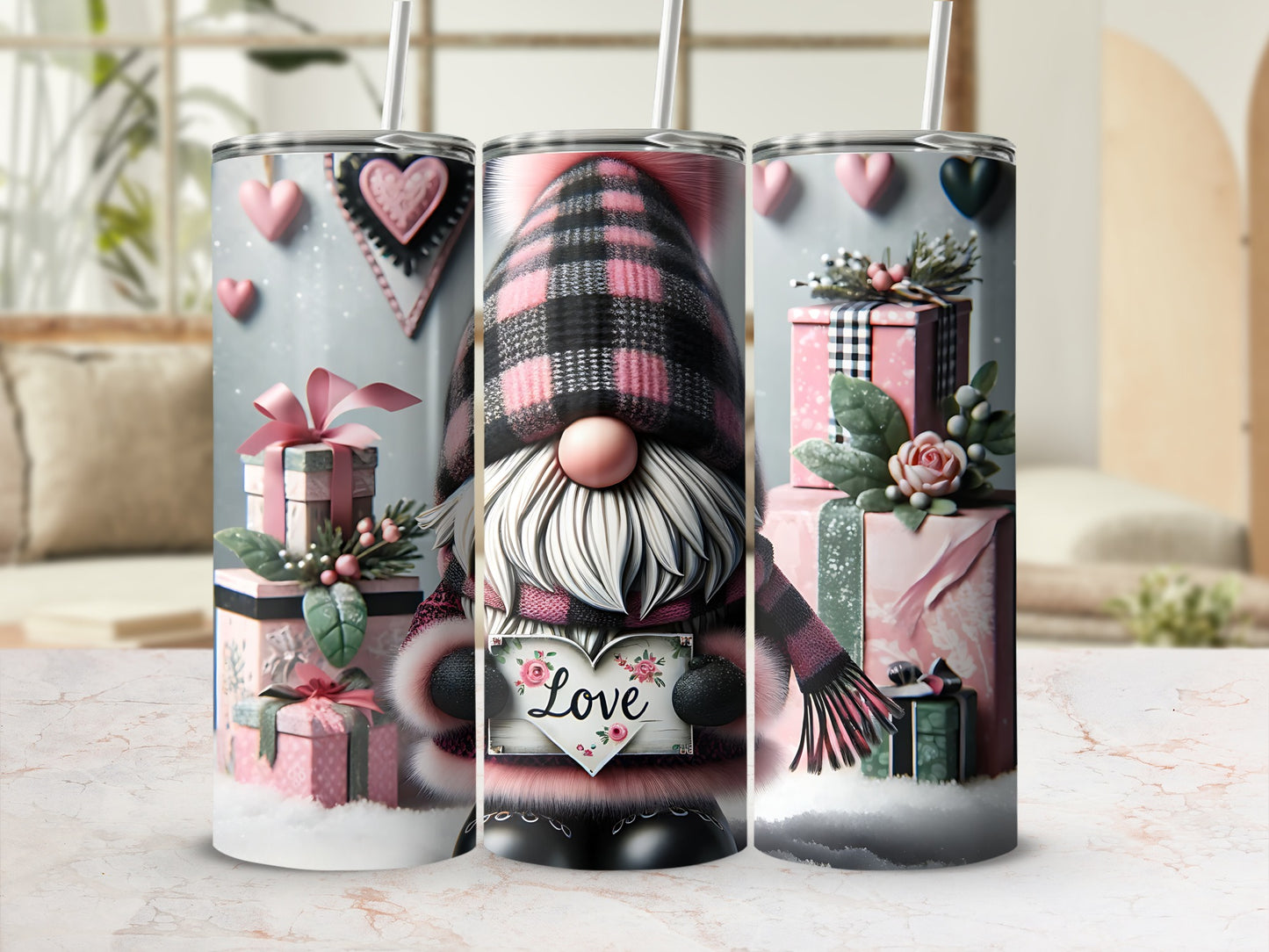 Valentine's Day gnome with pink hearts and gift boxes on tumbler.