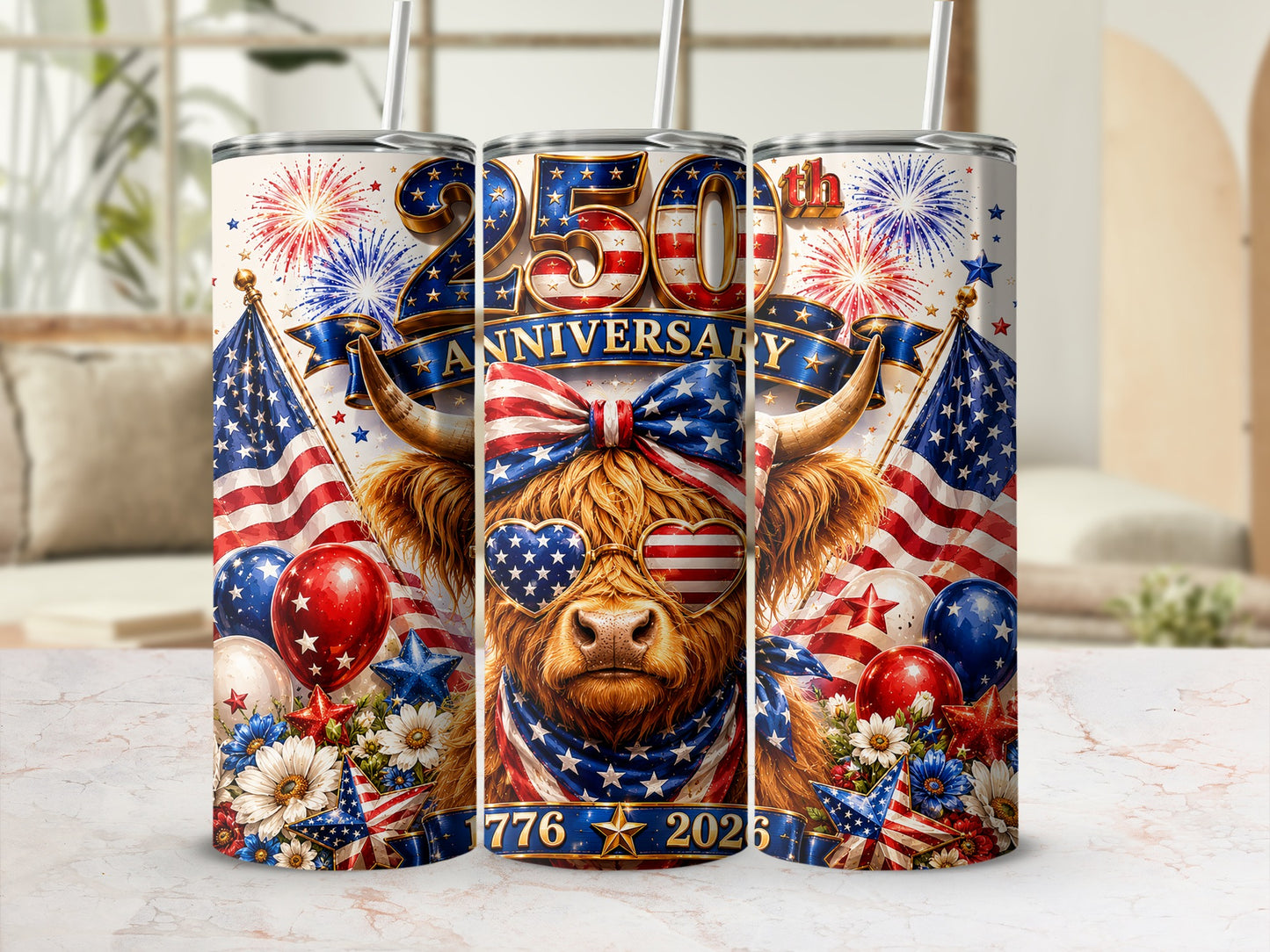 250th Anniversary tumbler with patriotic Highland cow and USA flag design.