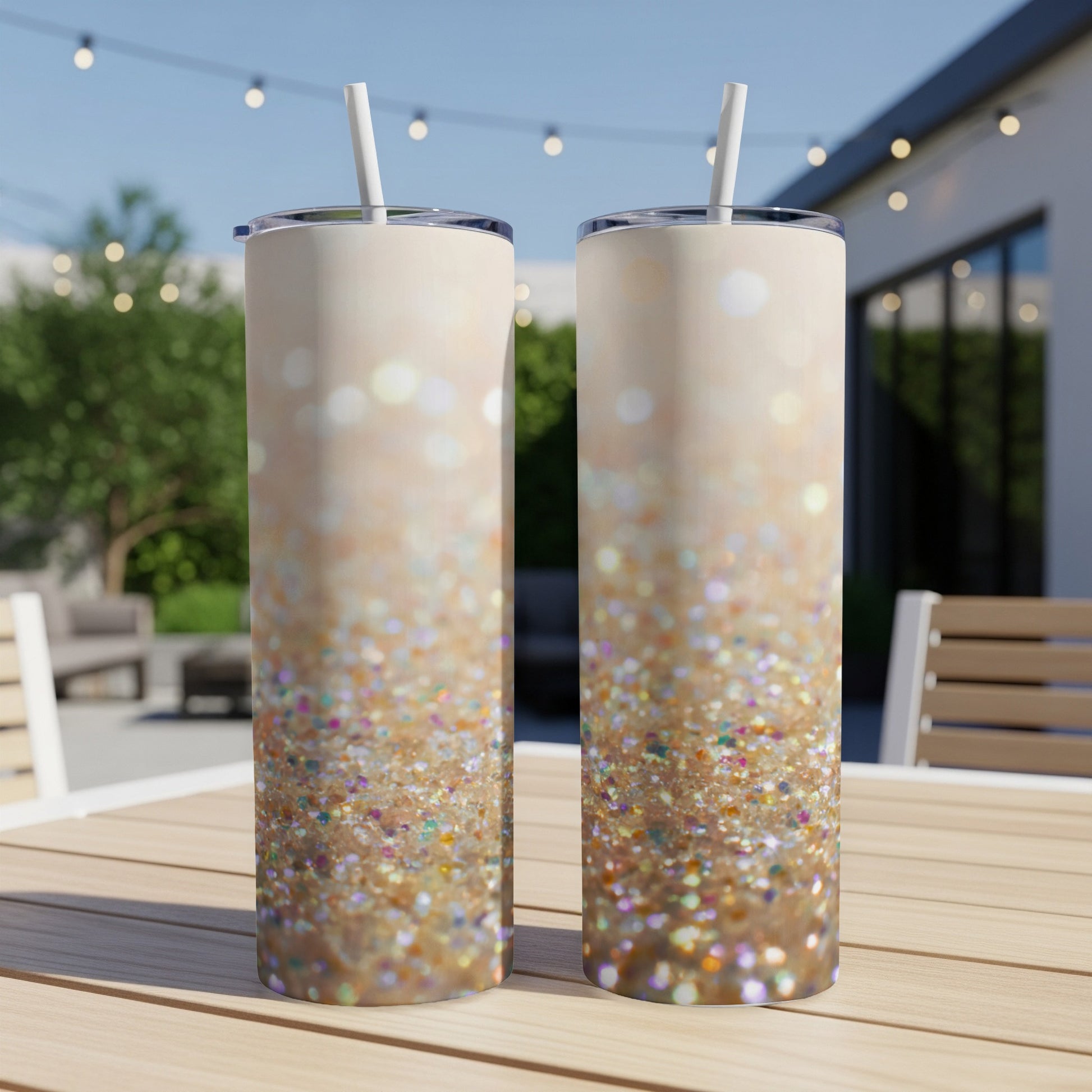 Two glitter-covered tumblers with straws on a table.