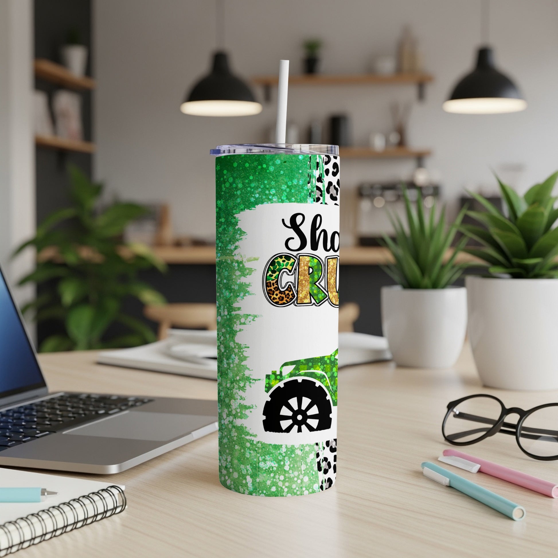 Green glitter tumbler with tractor and leopard print.
