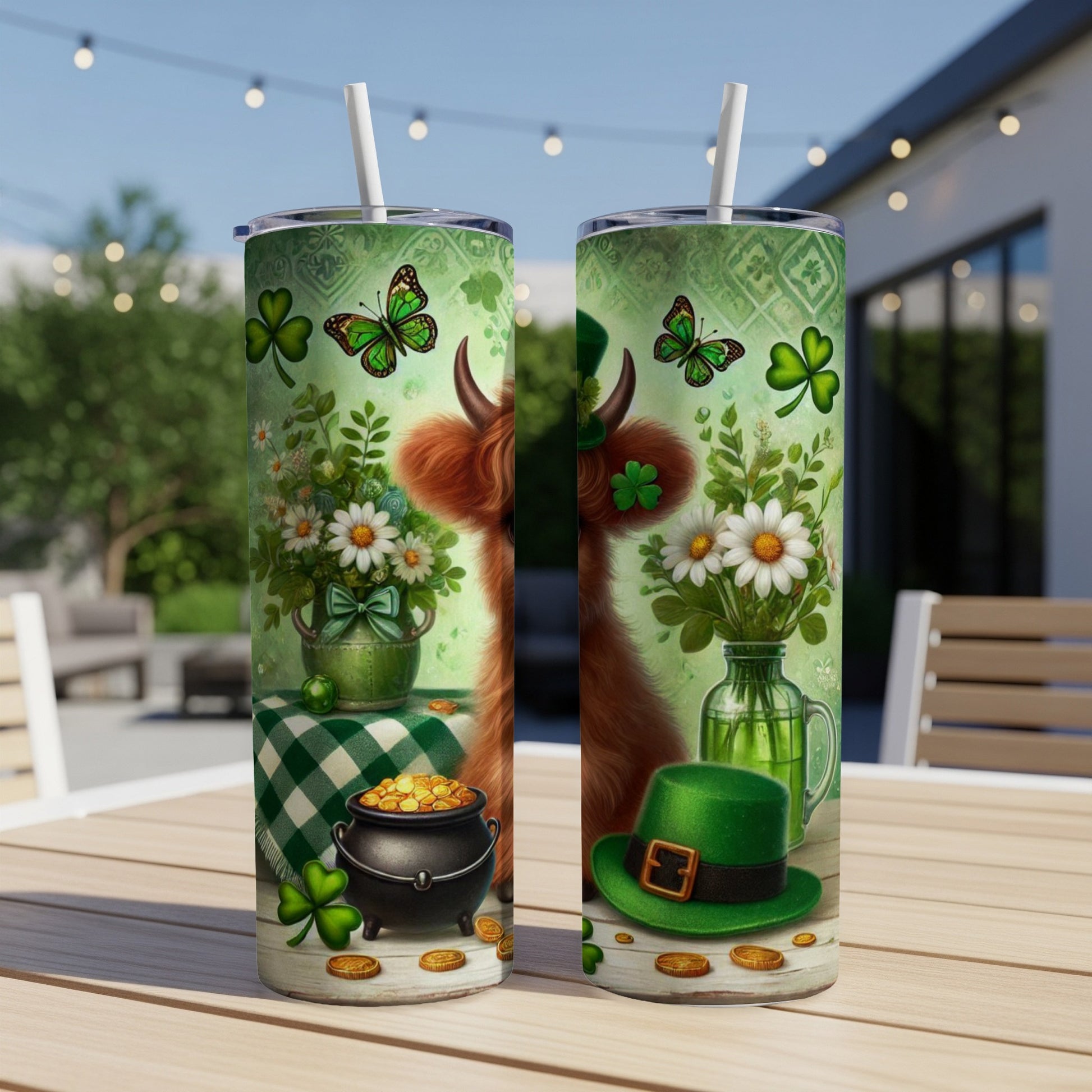 St. Patrick's Day tumblers with cows, shamrocks, and gold coins.