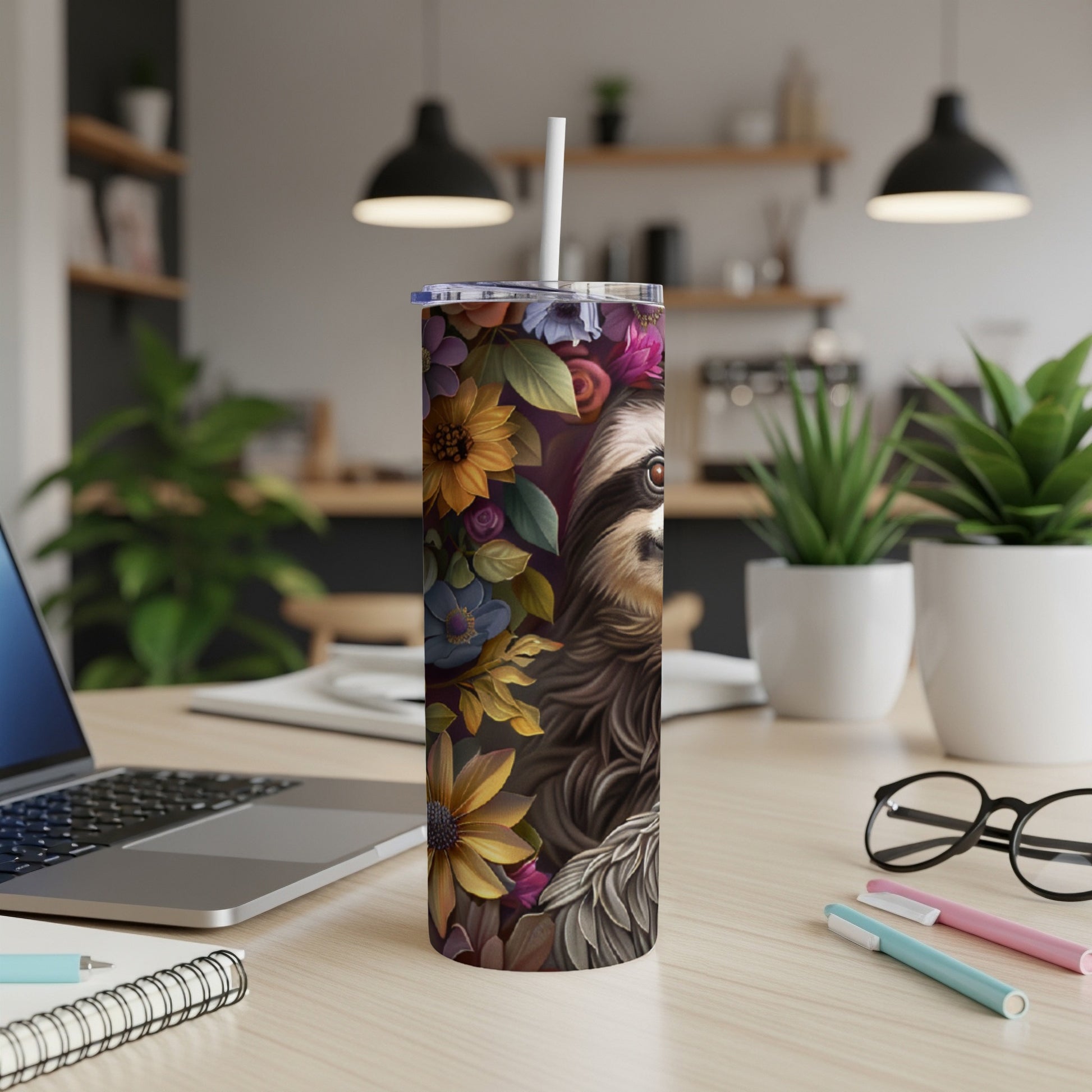 Tumbler with sloth and floral pattern on desk.