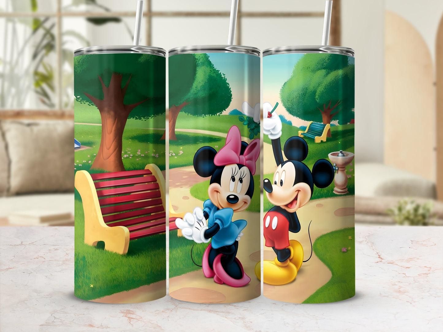 Minnie and Mickey Mouse on tumblers with park background.
