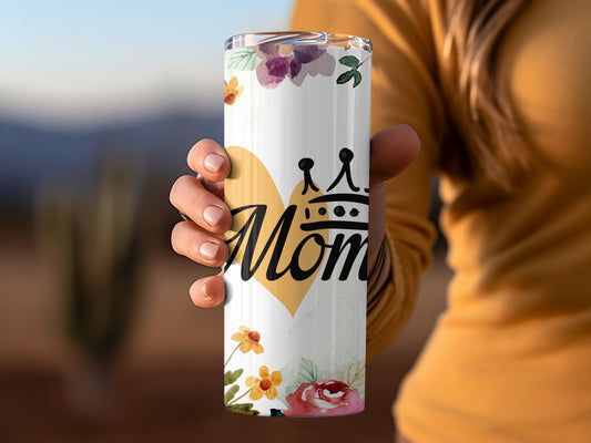 Floral Heart Mom Design Tumbler with Crown Icon