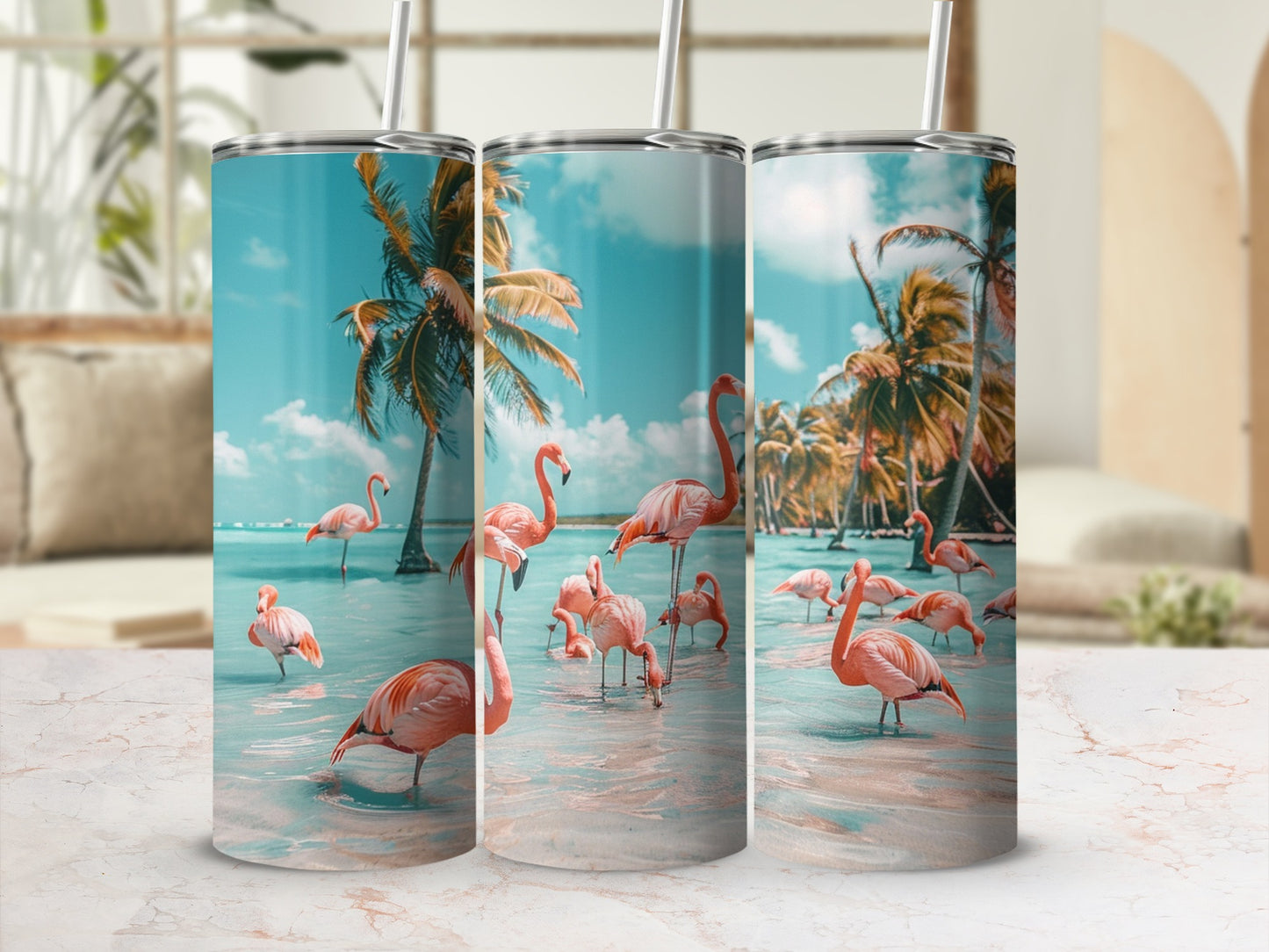 Tropical Flamingo Paradise Scene Travel Mug