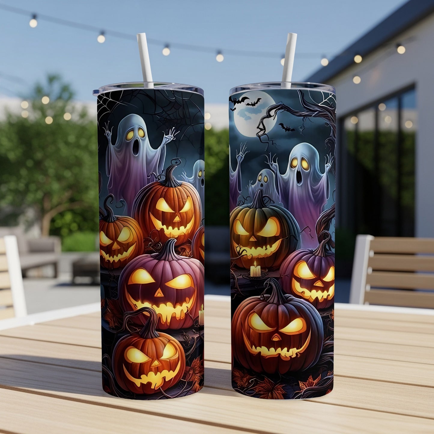 Two tumblers with Halloween ghosts and Jack-o'-lanterns designs.