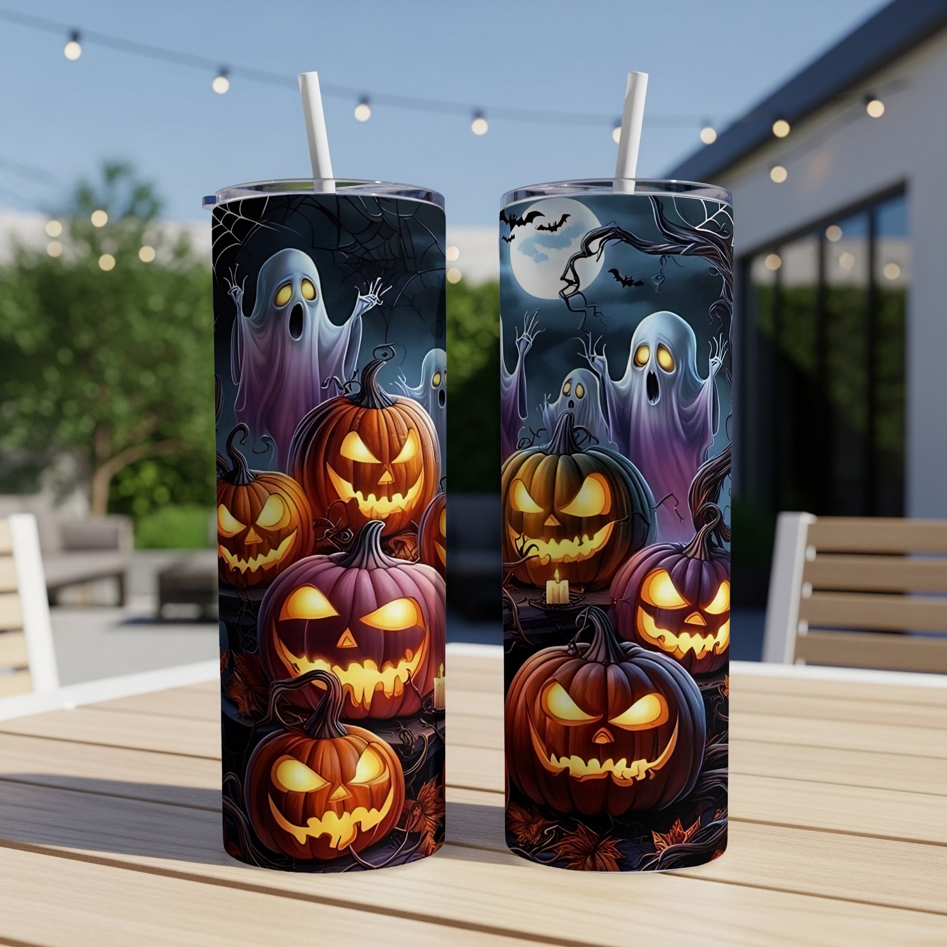 Two tumblers with Halloween ghosts and Jack-o'-lanterns designs.