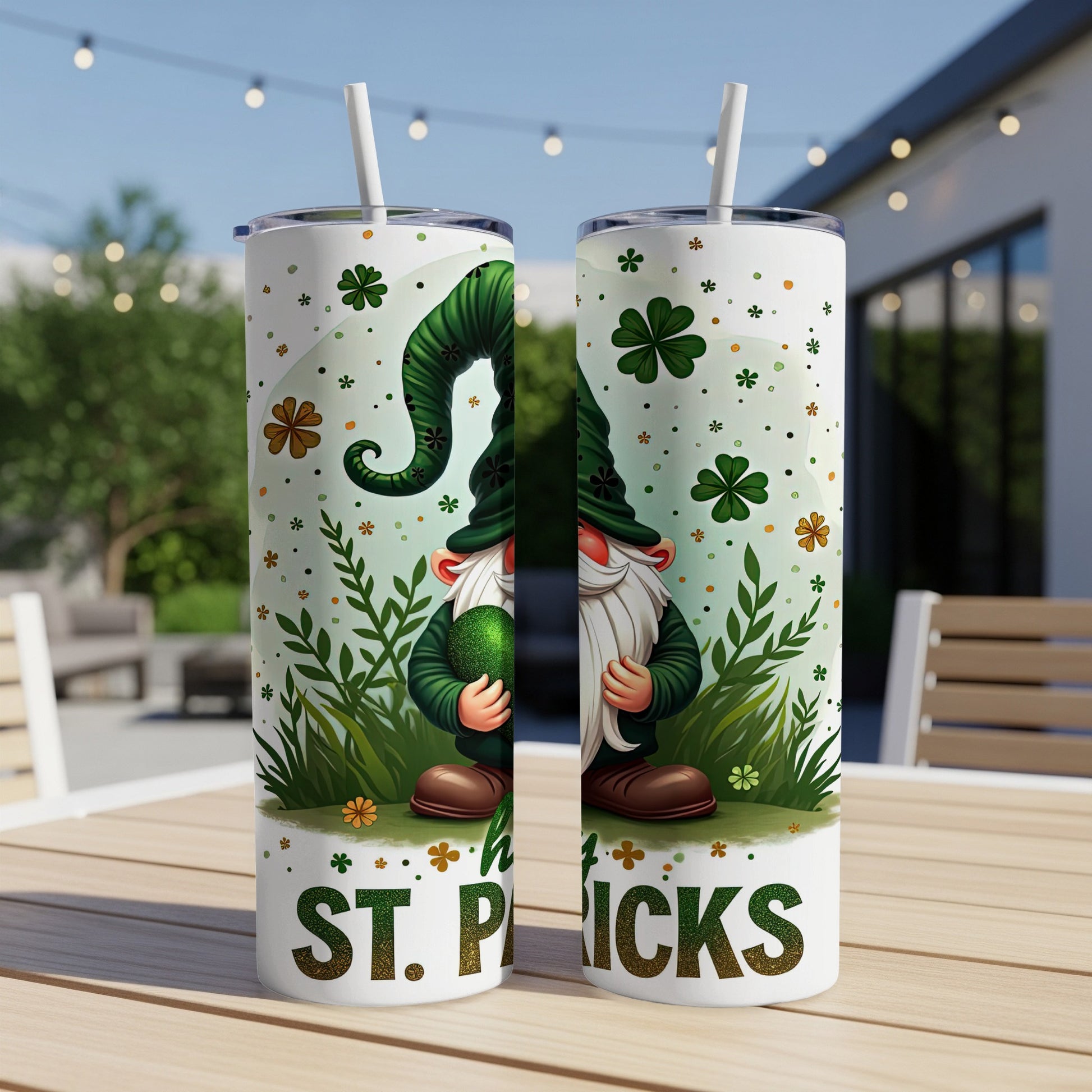 Two Saint Patrick's Day tumblers with gnomes and shamrocks, "ST. PICKS" text.