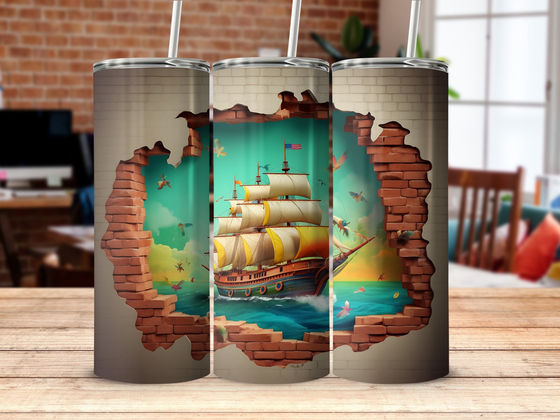 Vintage Tall Ship Sailing Through Brick Wall Tumbler