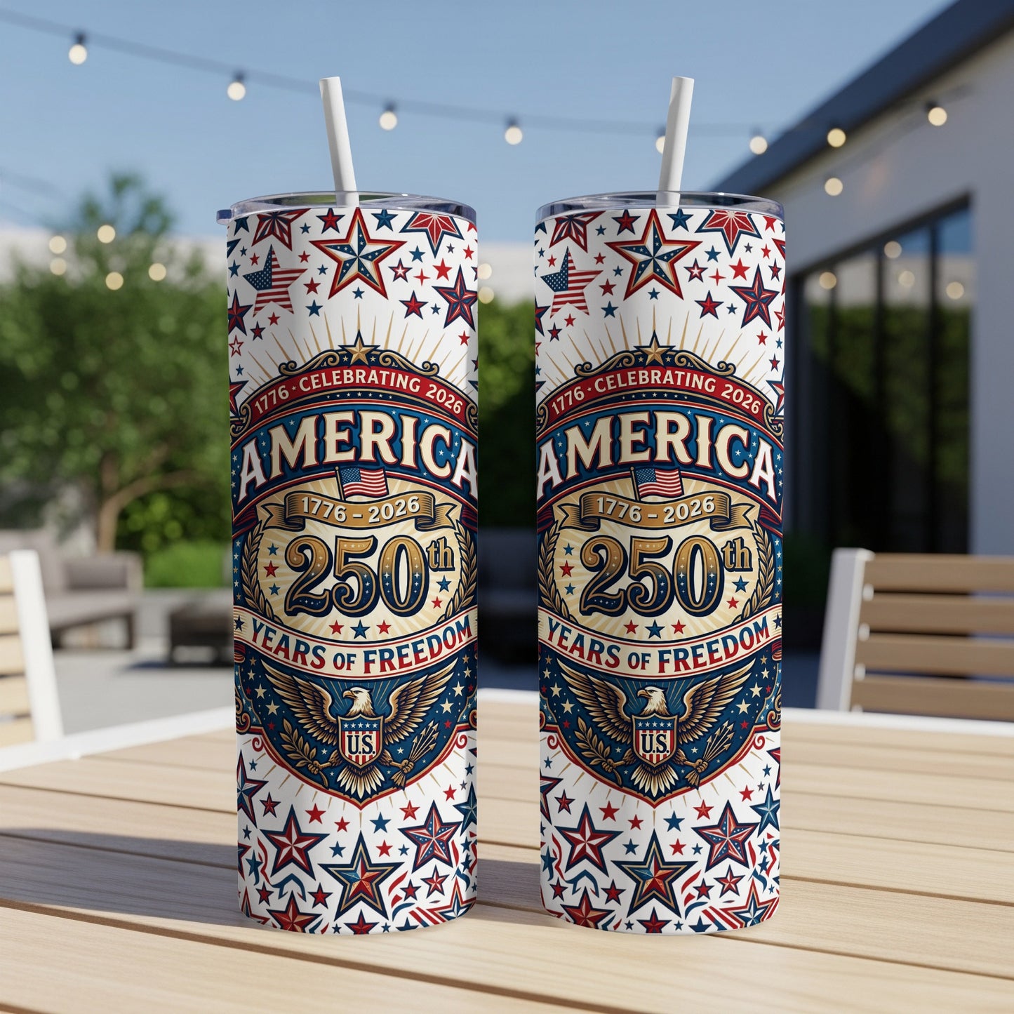 Two tumblers celebrating America's 250th anniversary with patriotic stars and stripes.