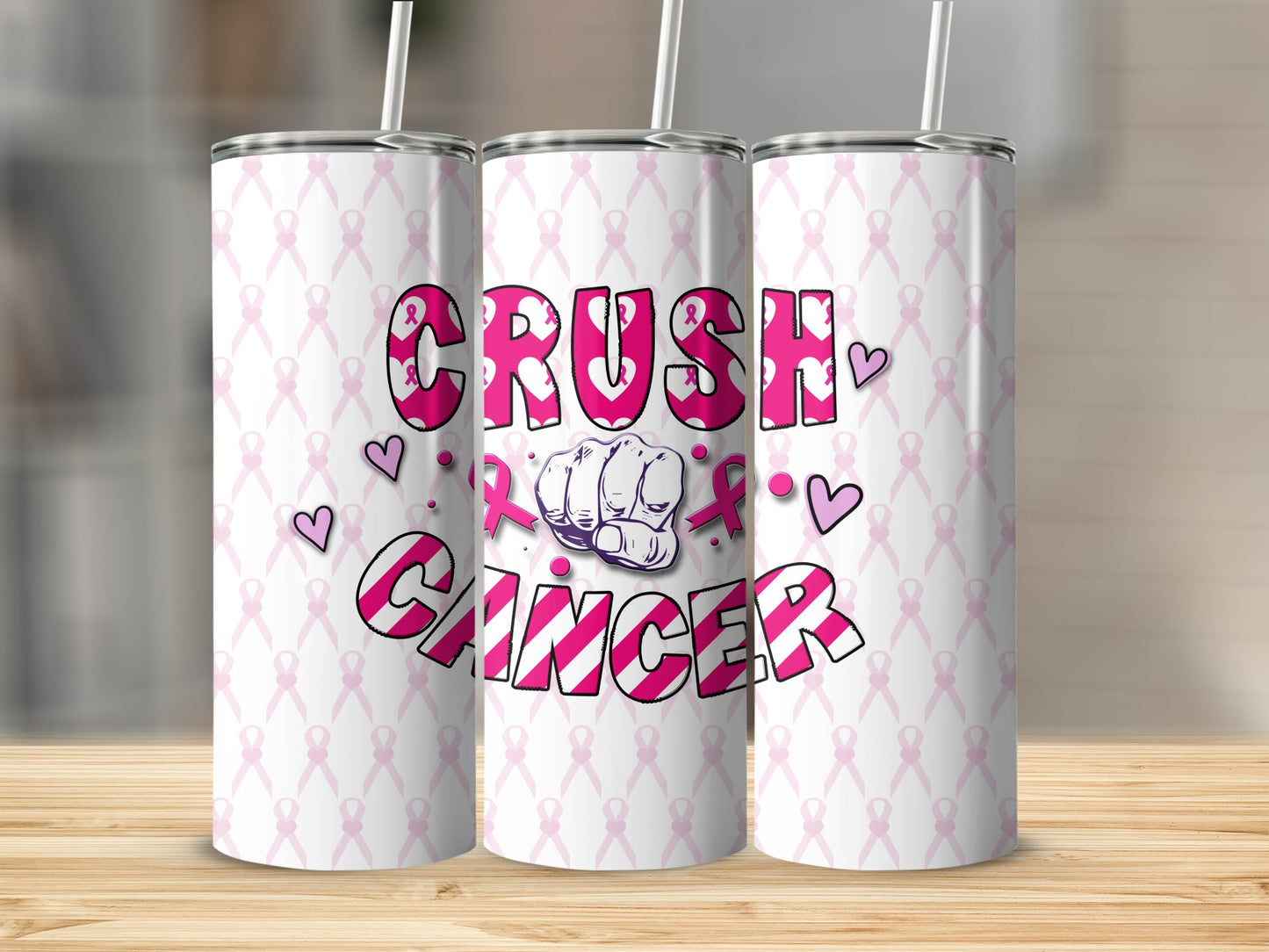 Tumbler with "CRUSH CANCER" and pink ribbon design.