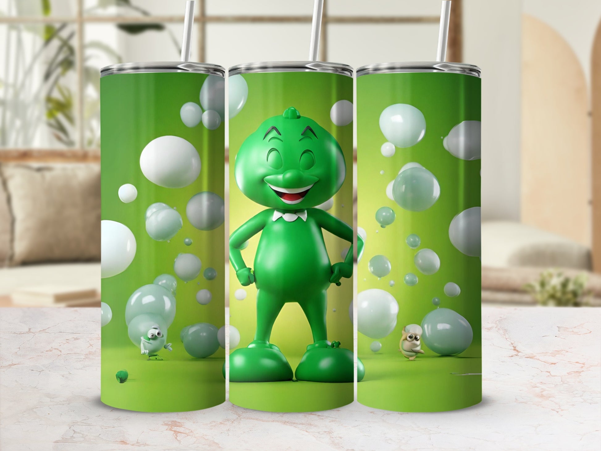 Green Character with Bubbles Design Tumbler Cup