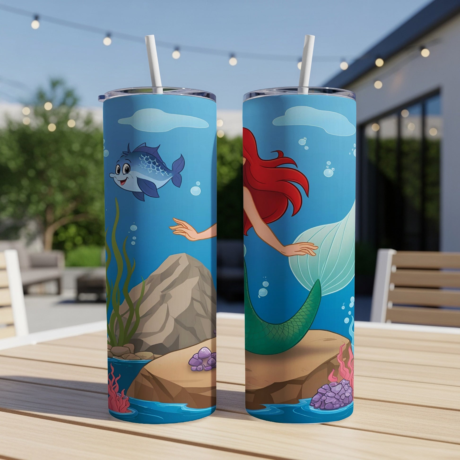 Two tumblers with a cartoon mermaid and fish underwater scene.