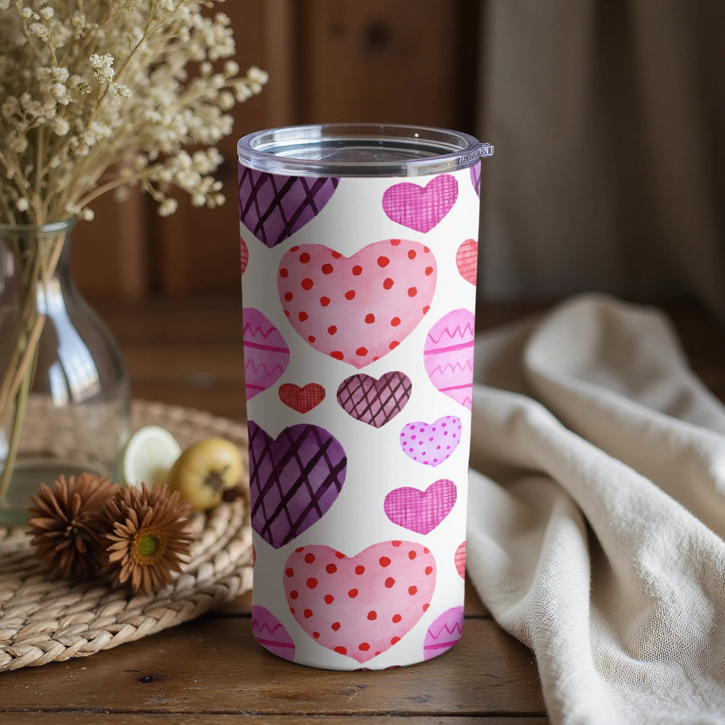 Colorful Hearts Patterned Tumbler for Hot and Cold Drinks