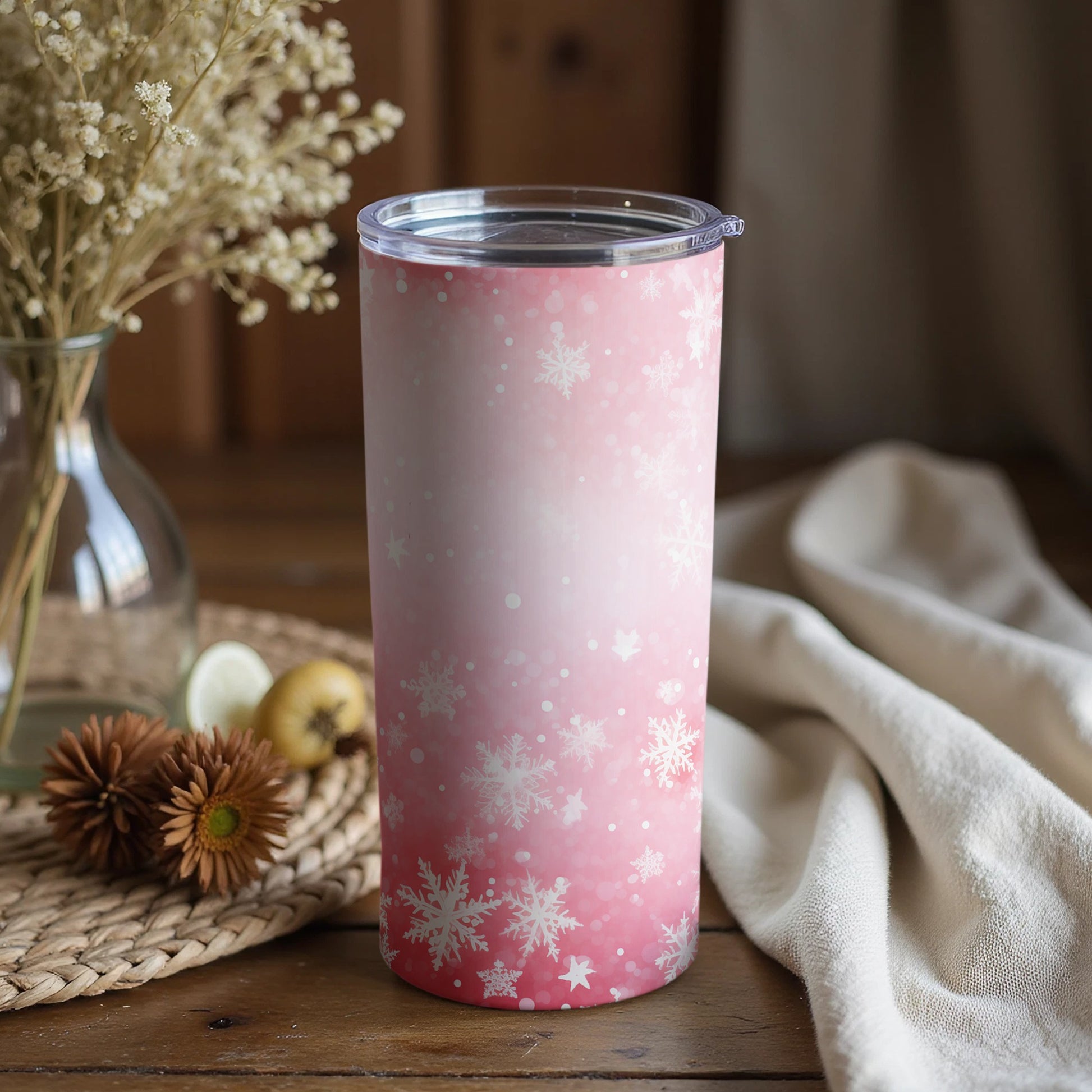 Pink Ombre Snowflakes Insulated Tumbler Cup