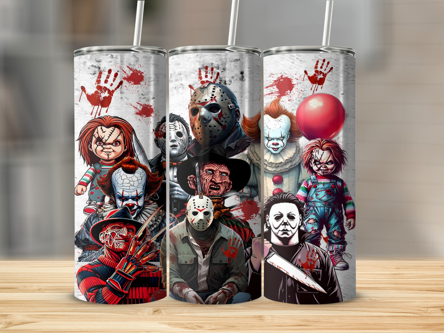 Horror movie characters Chucky, Pennywise, Freddy Krueger, Jason, and Michael Myers on a tumbler.