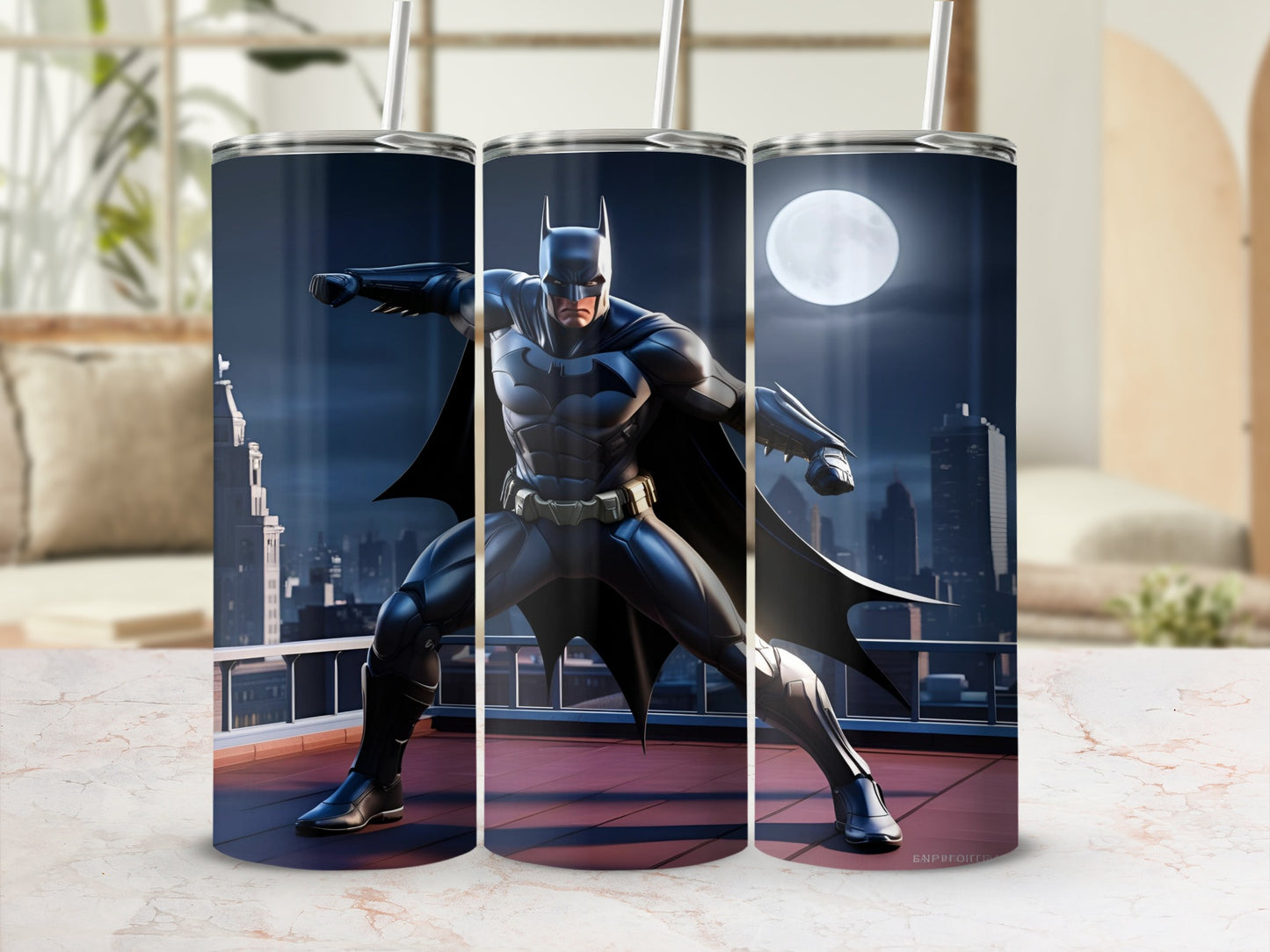 Batman posed on a rooftop against a full moon and cityscape.