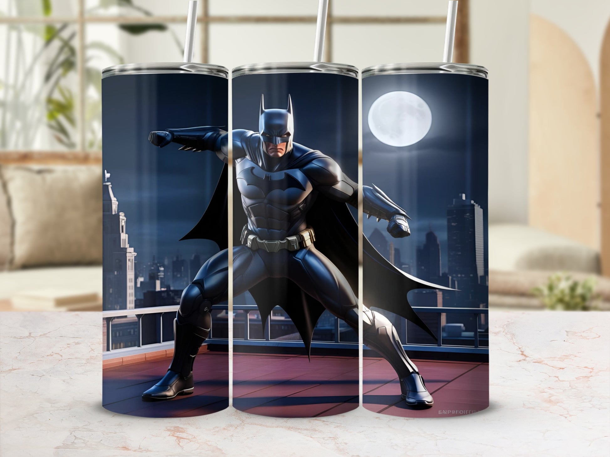 Batman posed on a rooftop against a full moon and cityscape.