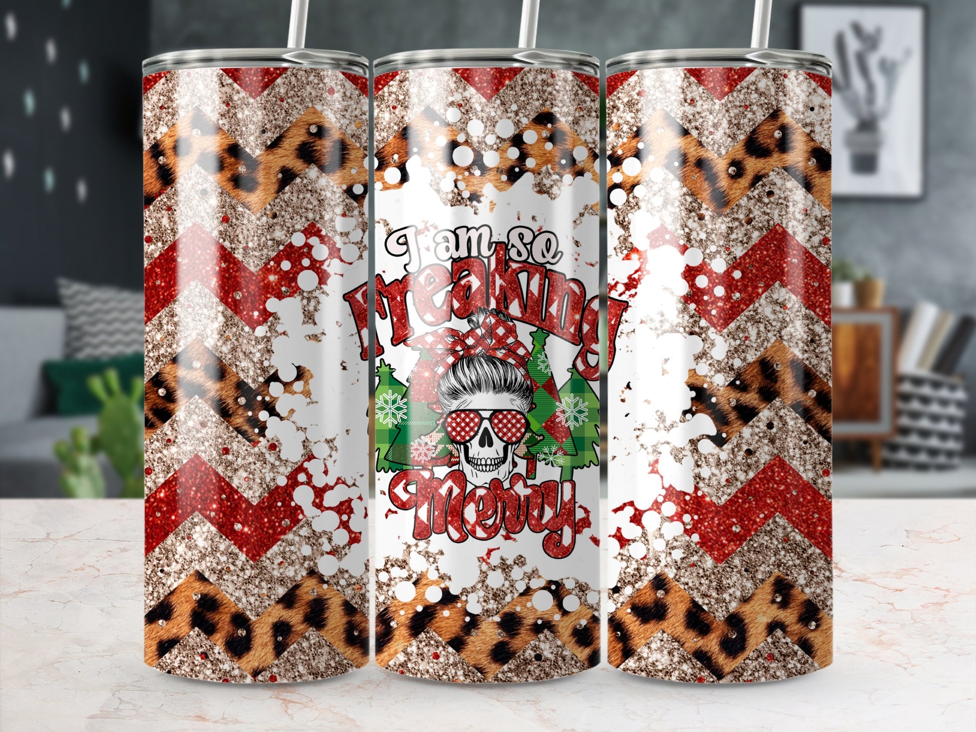 Leopard print and chevron pattern tumbler with "I am so freaking merry" text.