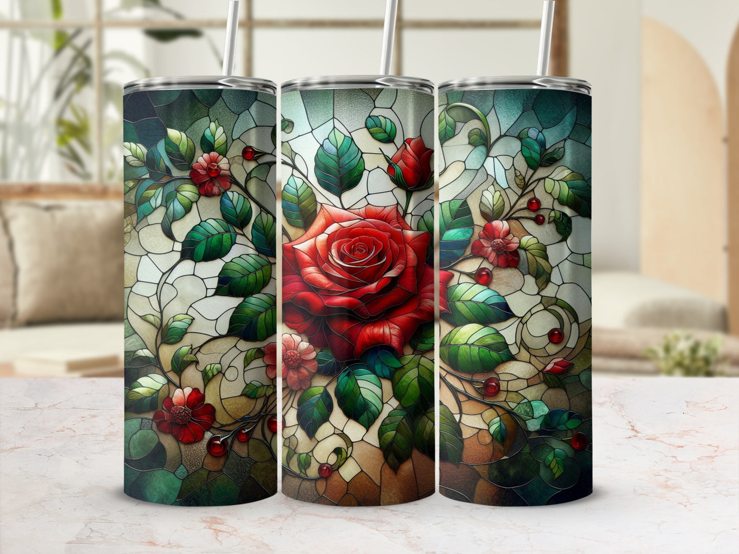 Triptych of tumblers with red rose and green leaves stained glass design.