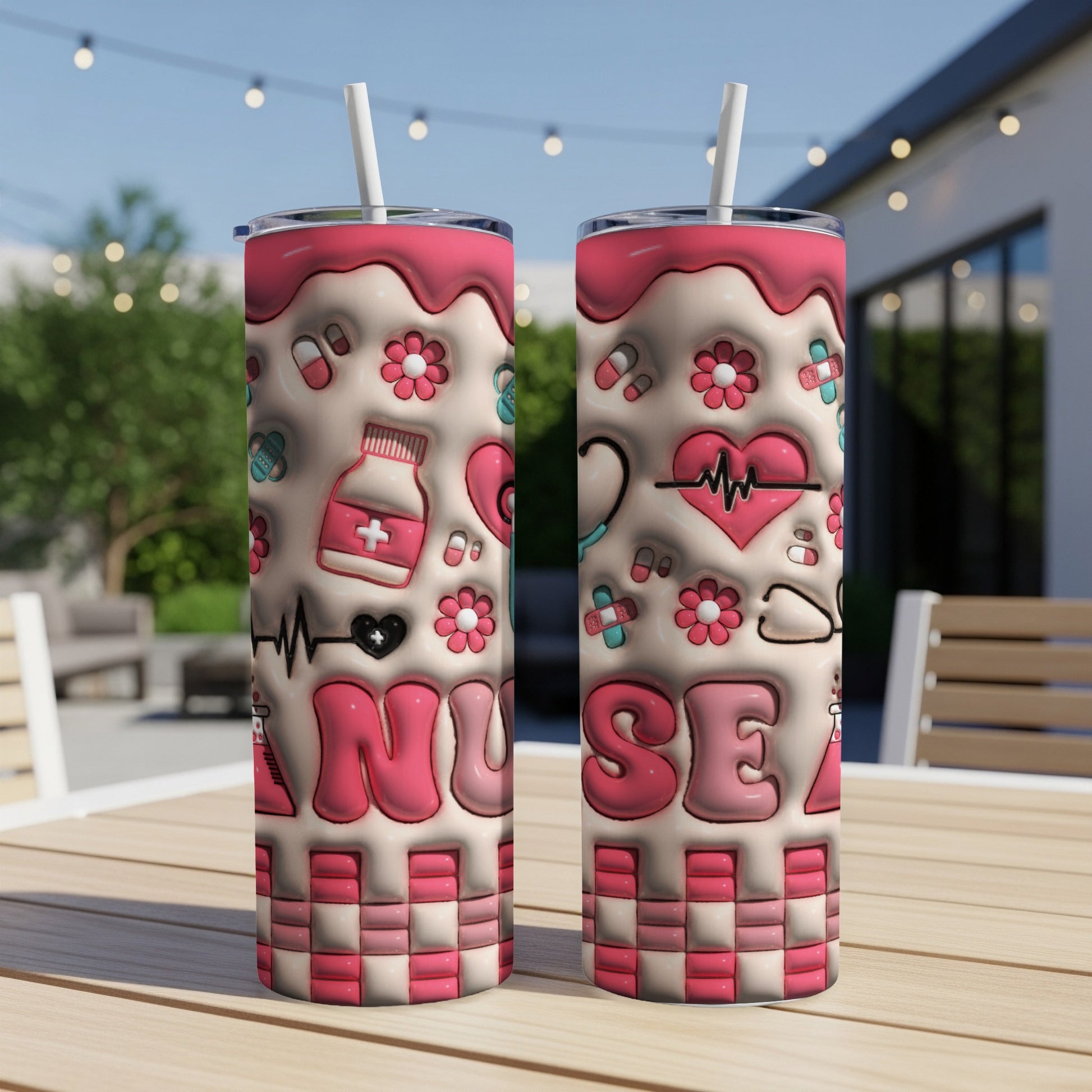 Pink and white nurse tumbler with medical icons and checkered pattern.
