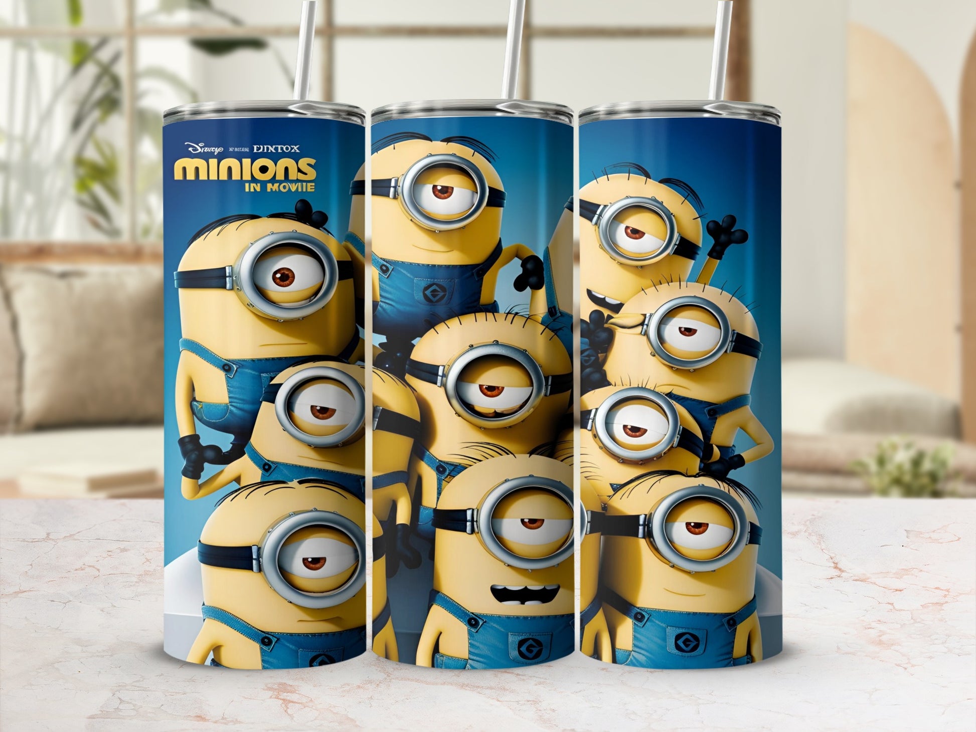 Minions characters from the movie, multiple minions in a group.
