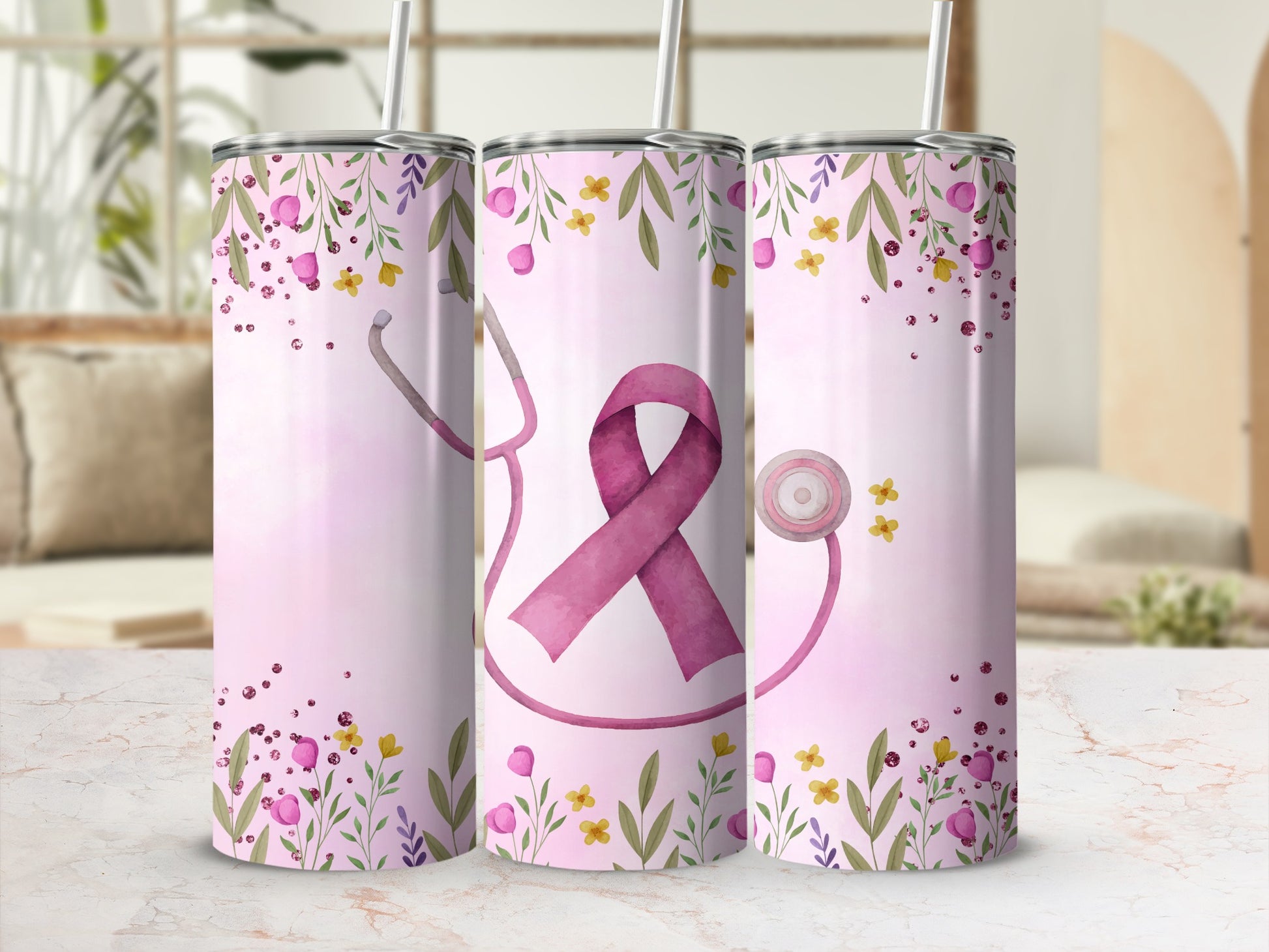 Pink watercolor tumbler with stethoscope and floral design.