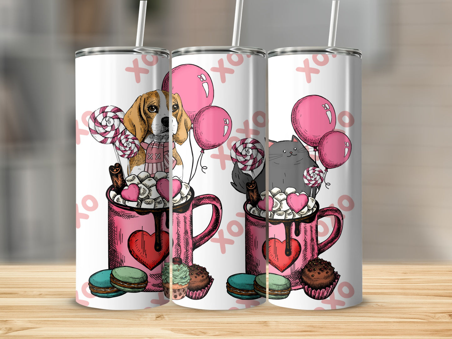 Cute Dog and Cat with Balloons Tumbler Design