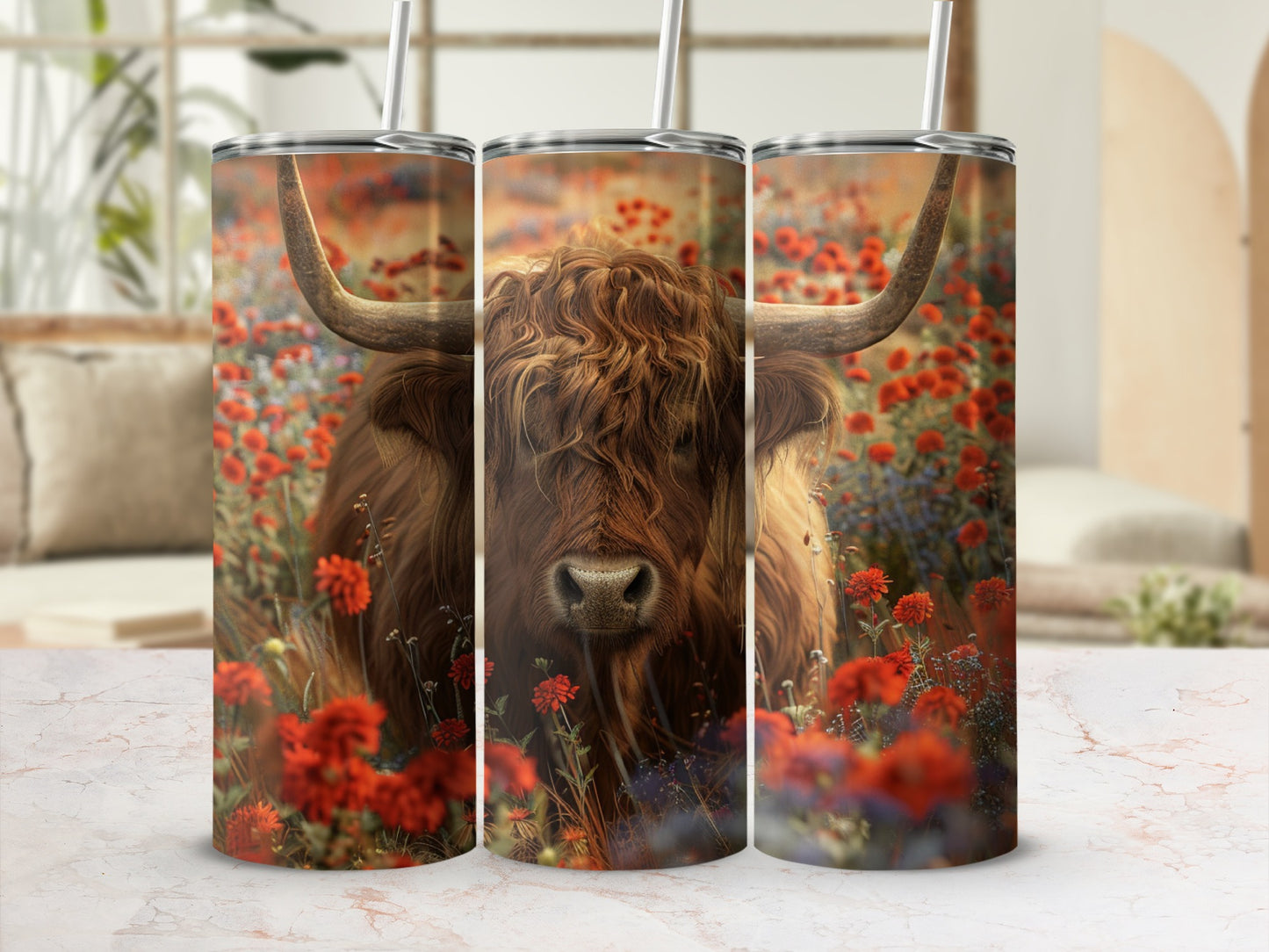 Highland cow with large horns in a field of red poppies.