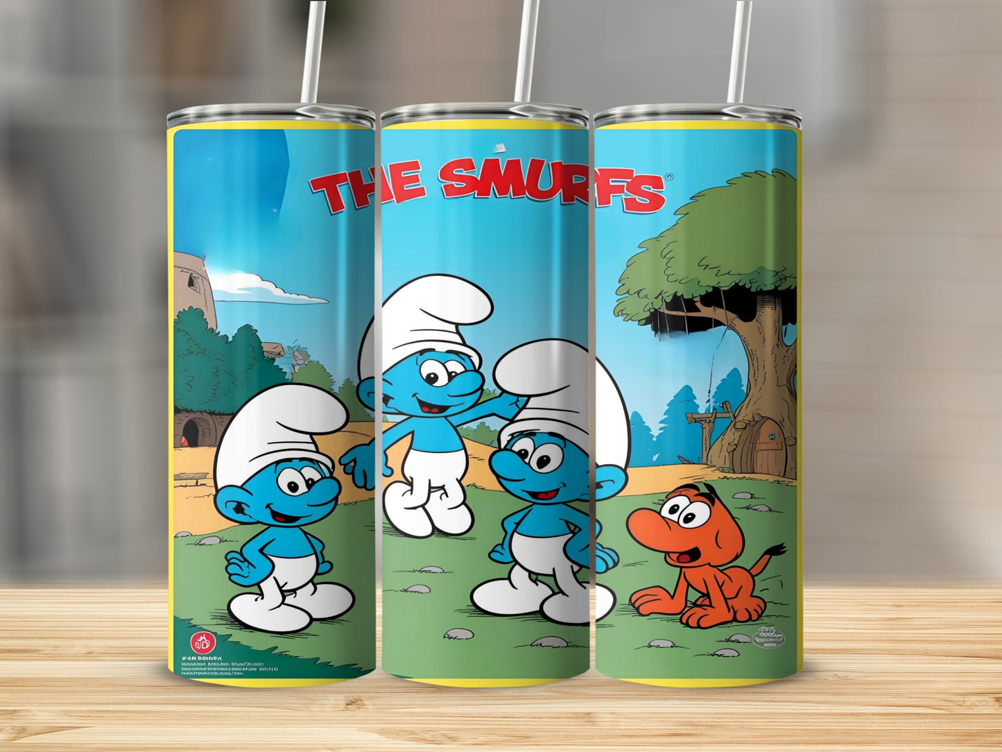 Three Smurfs and a dog stand in a green field under a blue sky.