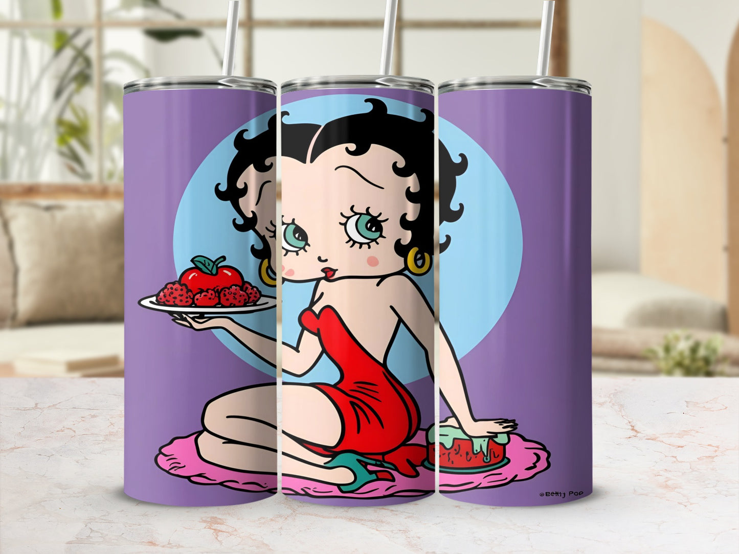 Betty Boop in a red dress holding a plate of strawberries.