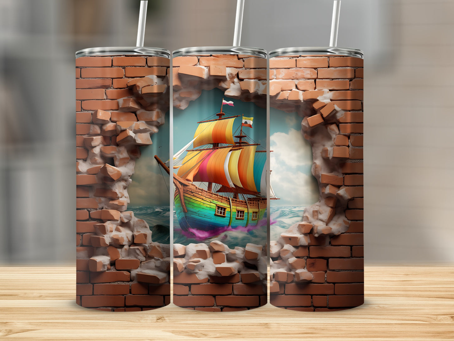 3D Brick Wall Rainbow-Colored Sailboat Tumbler