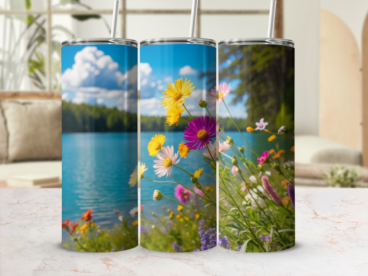 Floral print tumbler with lake and mountain background.
