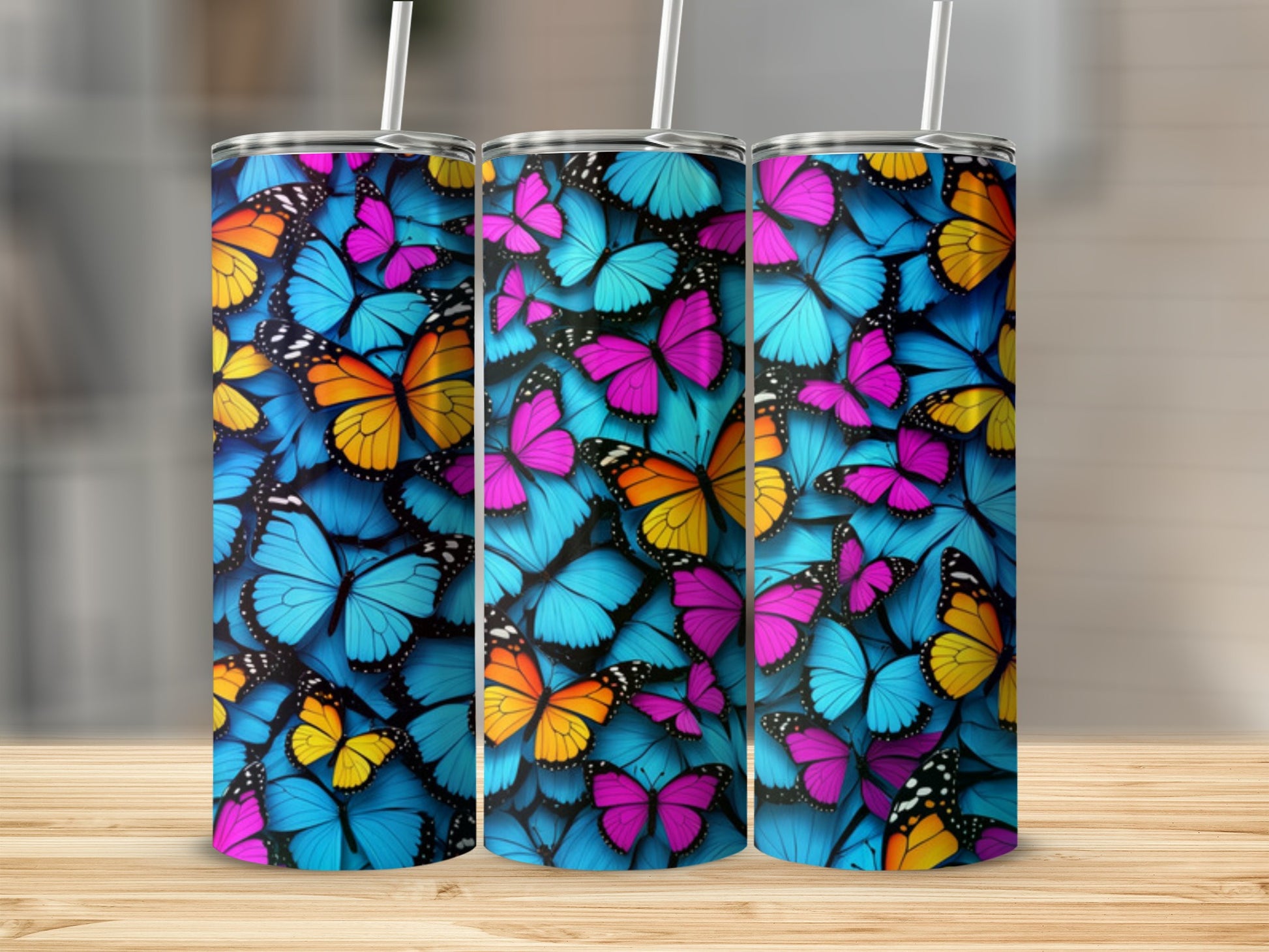 Tumbler with a vibrant pattern of colorful butterflies.