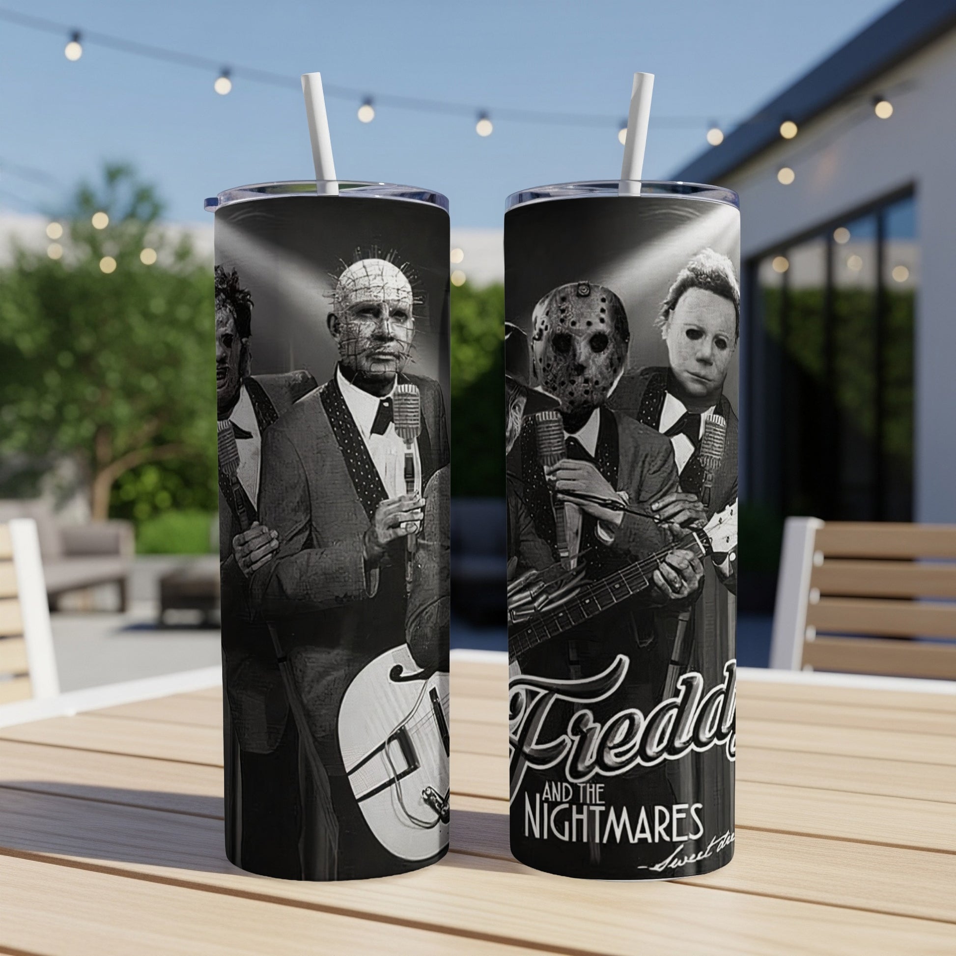 Tumblers featuring horror villains Pinhead, Freddy Krueger, Jason Voorhees, and Michael Myers.