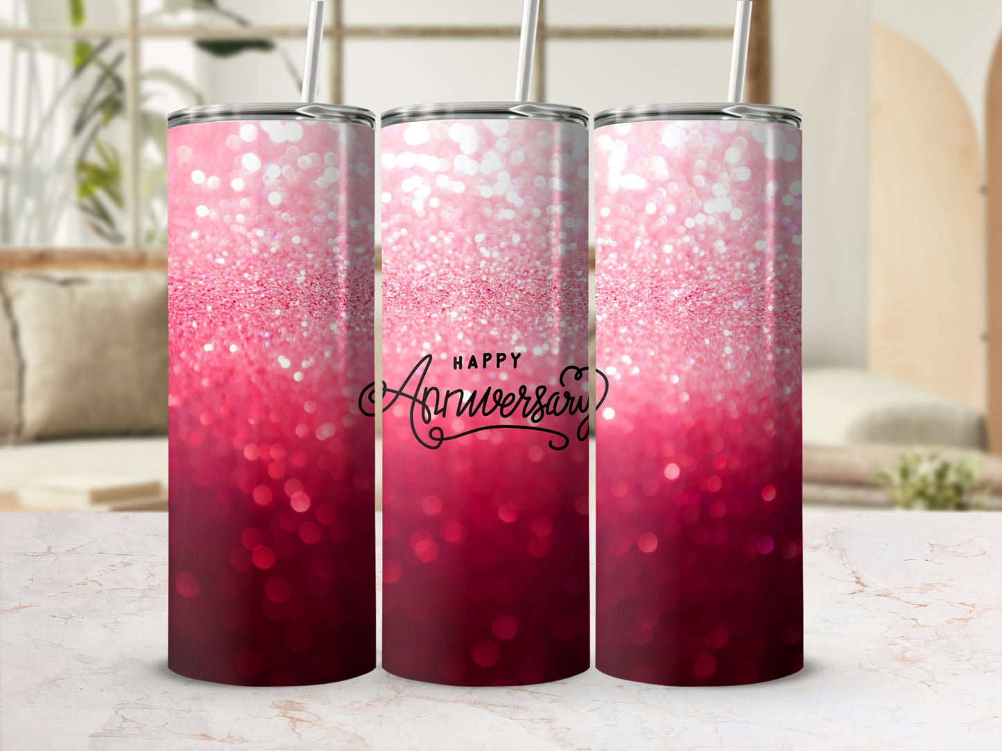 Pink glitter tumbler with "Happy Anniversary" in cursive.