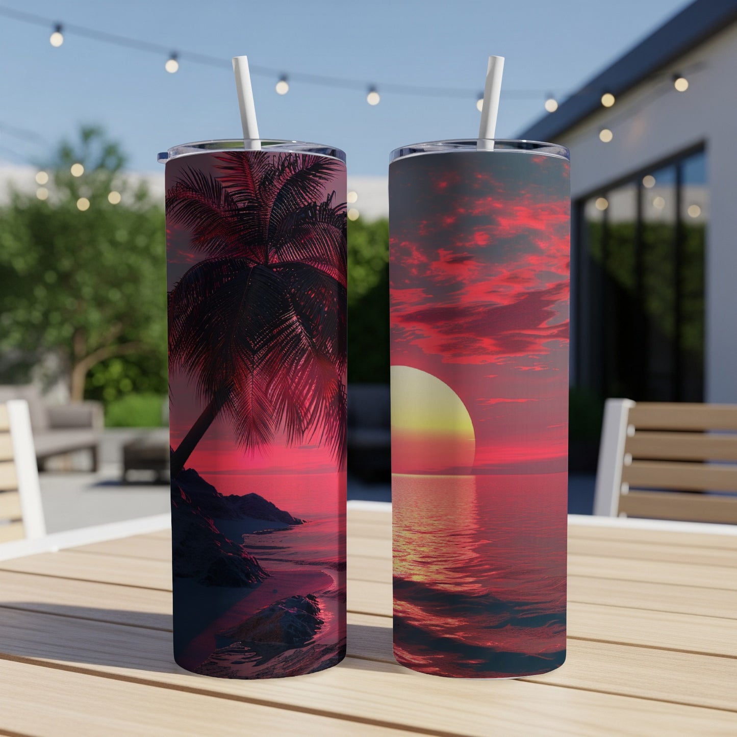 Two tumblers with tropical sunset designs sit on a table outdoors.