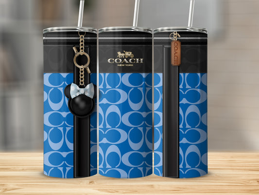 Three tumblers with blue Coach logo pattern and black accents.