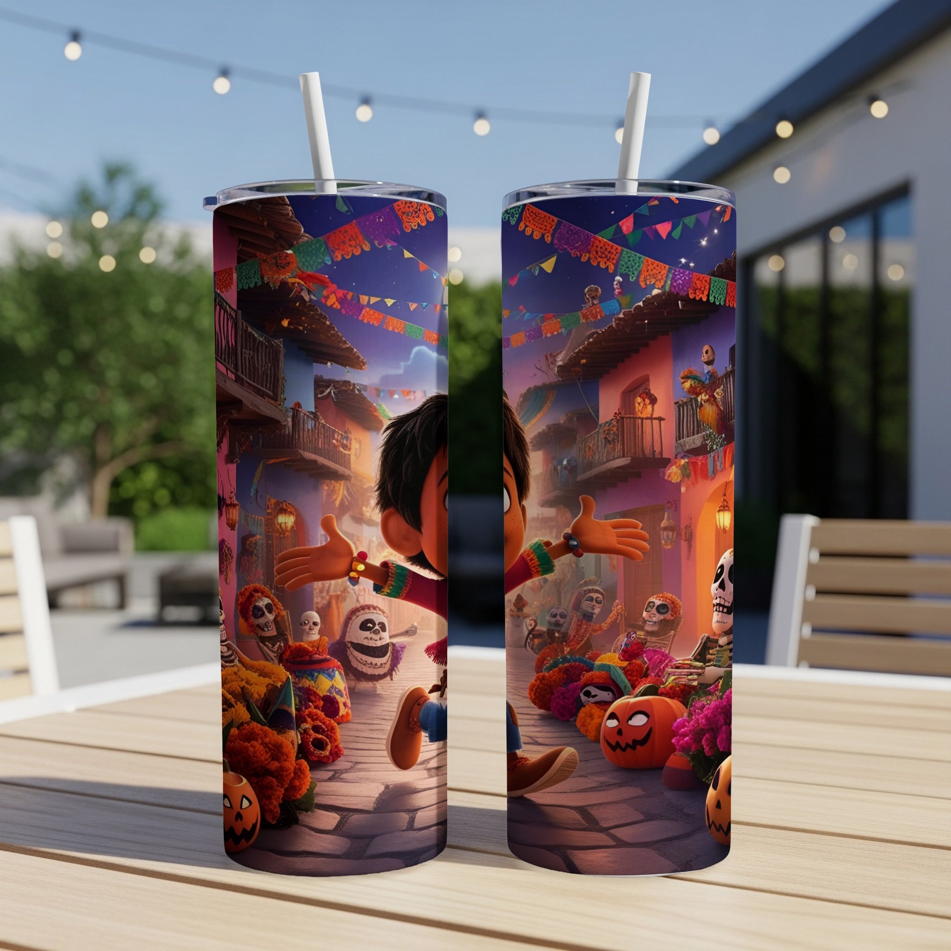 Miguel from Coco on a Día de Muertos themed tumbler with skulls and marigolds.