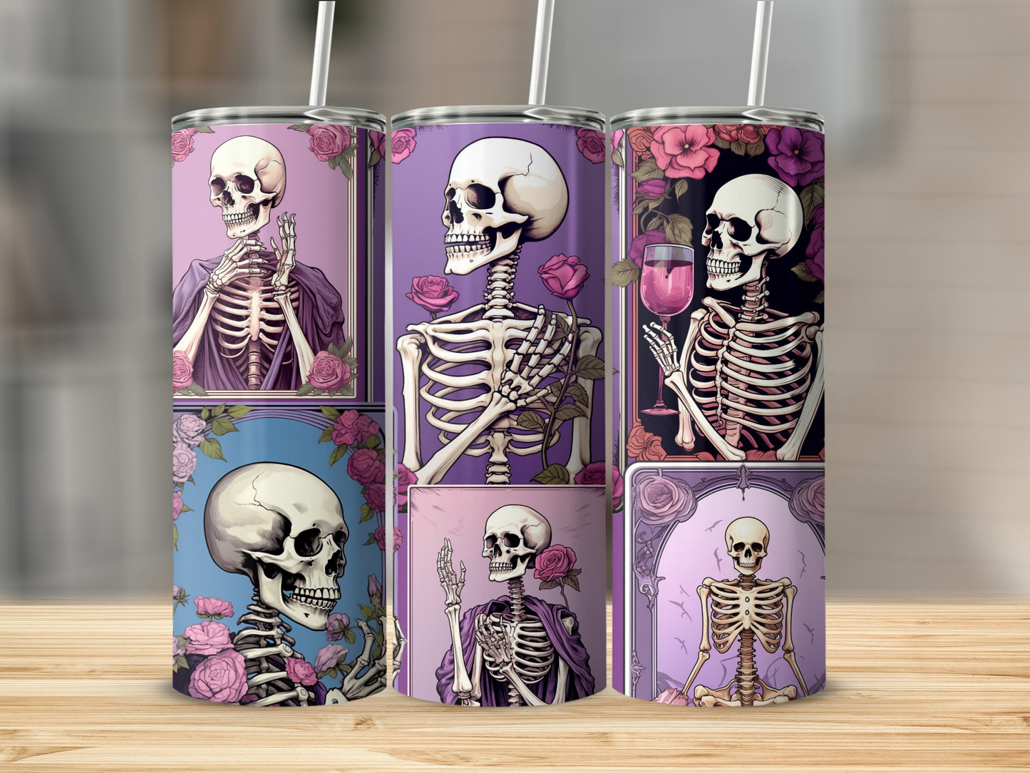 Elegant Skeleton Designs with Floral Accents Tumbler