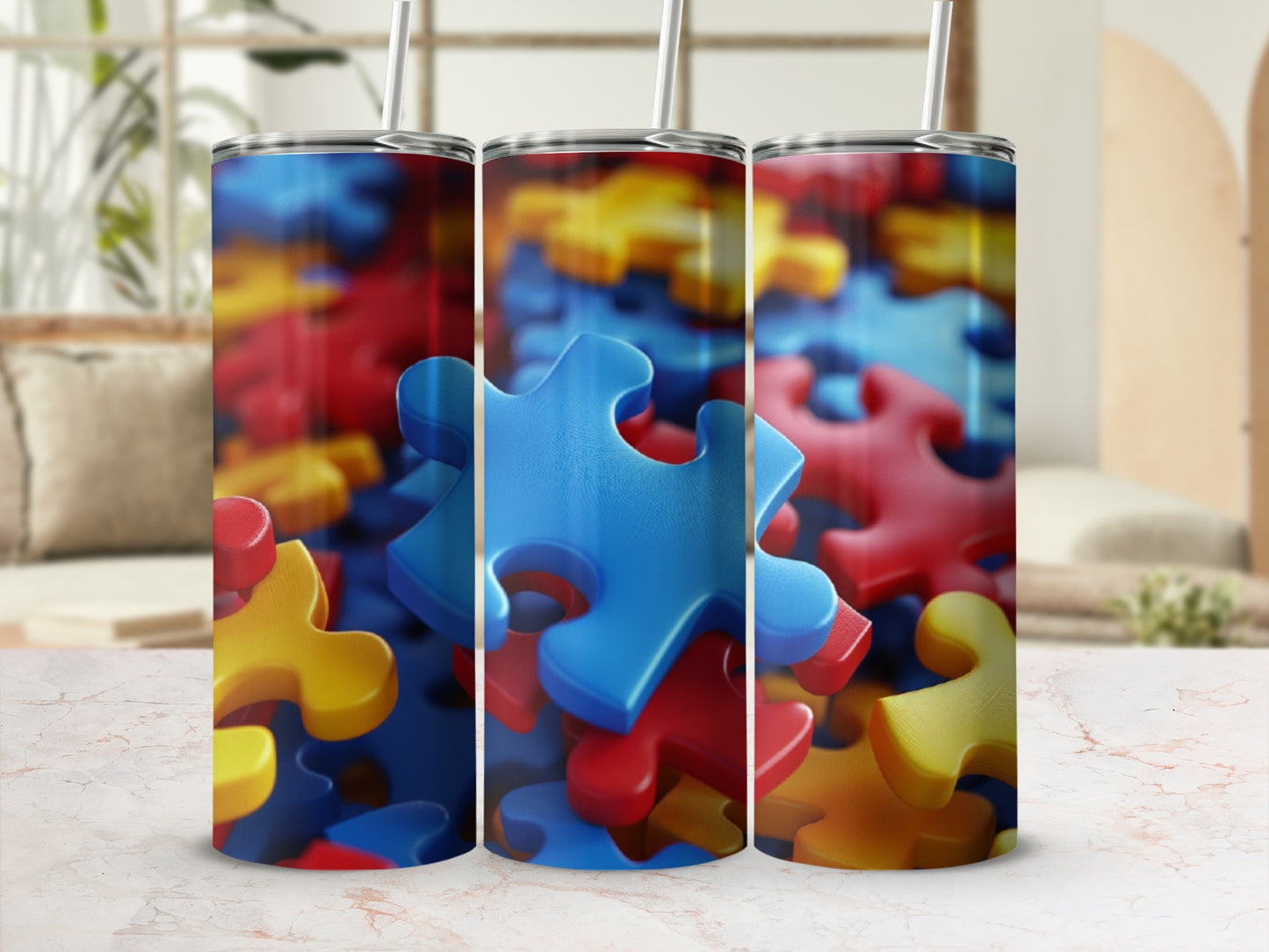 Tumbling puzzle pieces in red, blue, and yellow fill the frame.