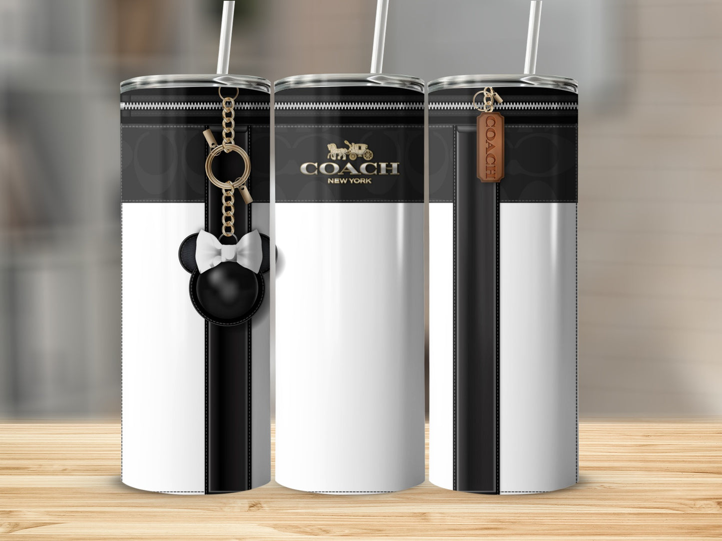 Fashionable Black and White Tumbler with Keychain Accessory