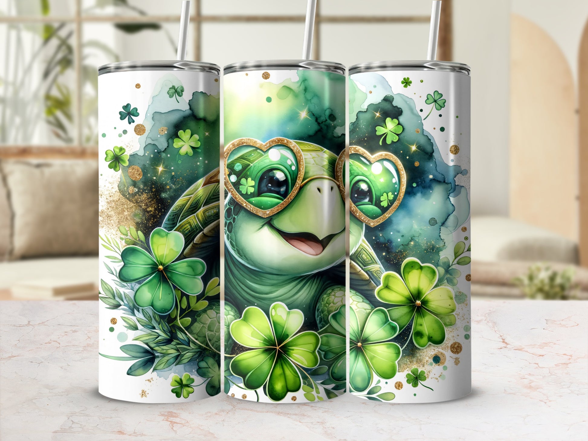 Cute turtle wearing heart-shaped glasses with shamrocks and glitter.