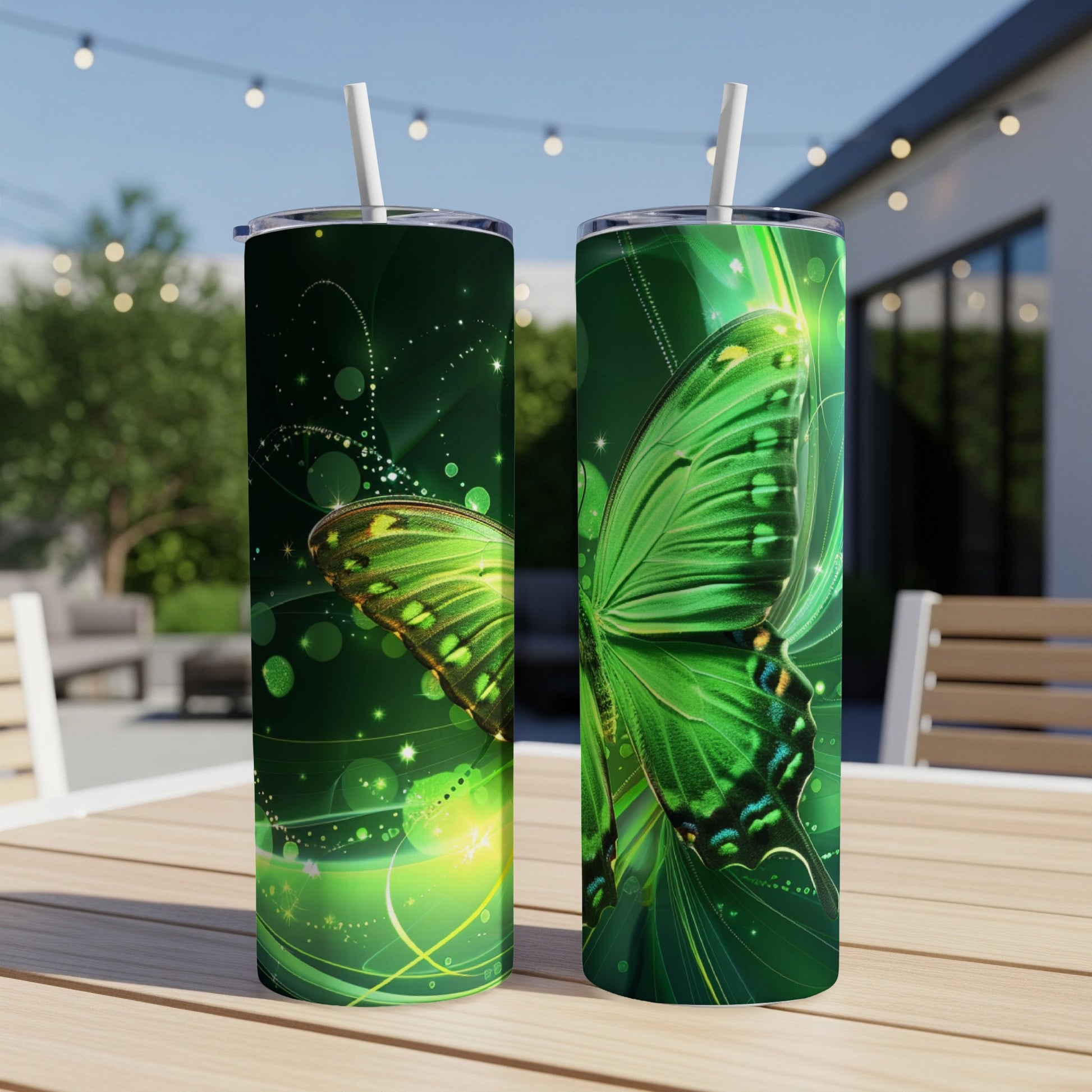Two green butterfly tumblers with straws on a table.